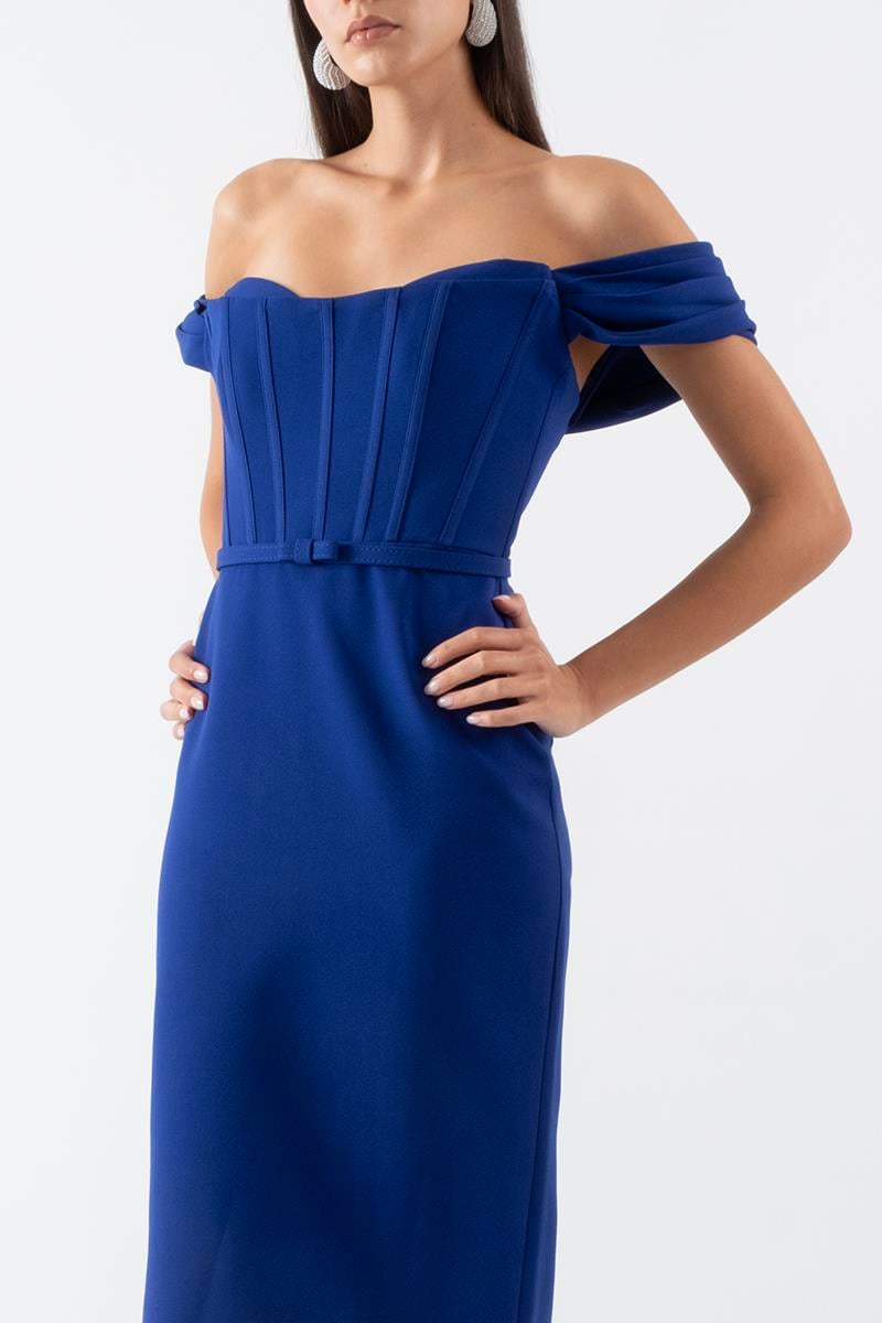 Delfa Straplez Düşük Kol Fiyonk Kemerli Kısa Abiye Elbise SAKS