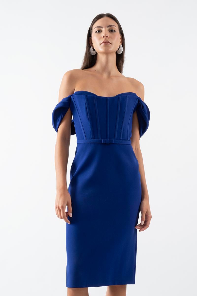 Delfa Straplez Düşük Kol Fiyonk Kemerli Kısa Abiye Elbise SAKS