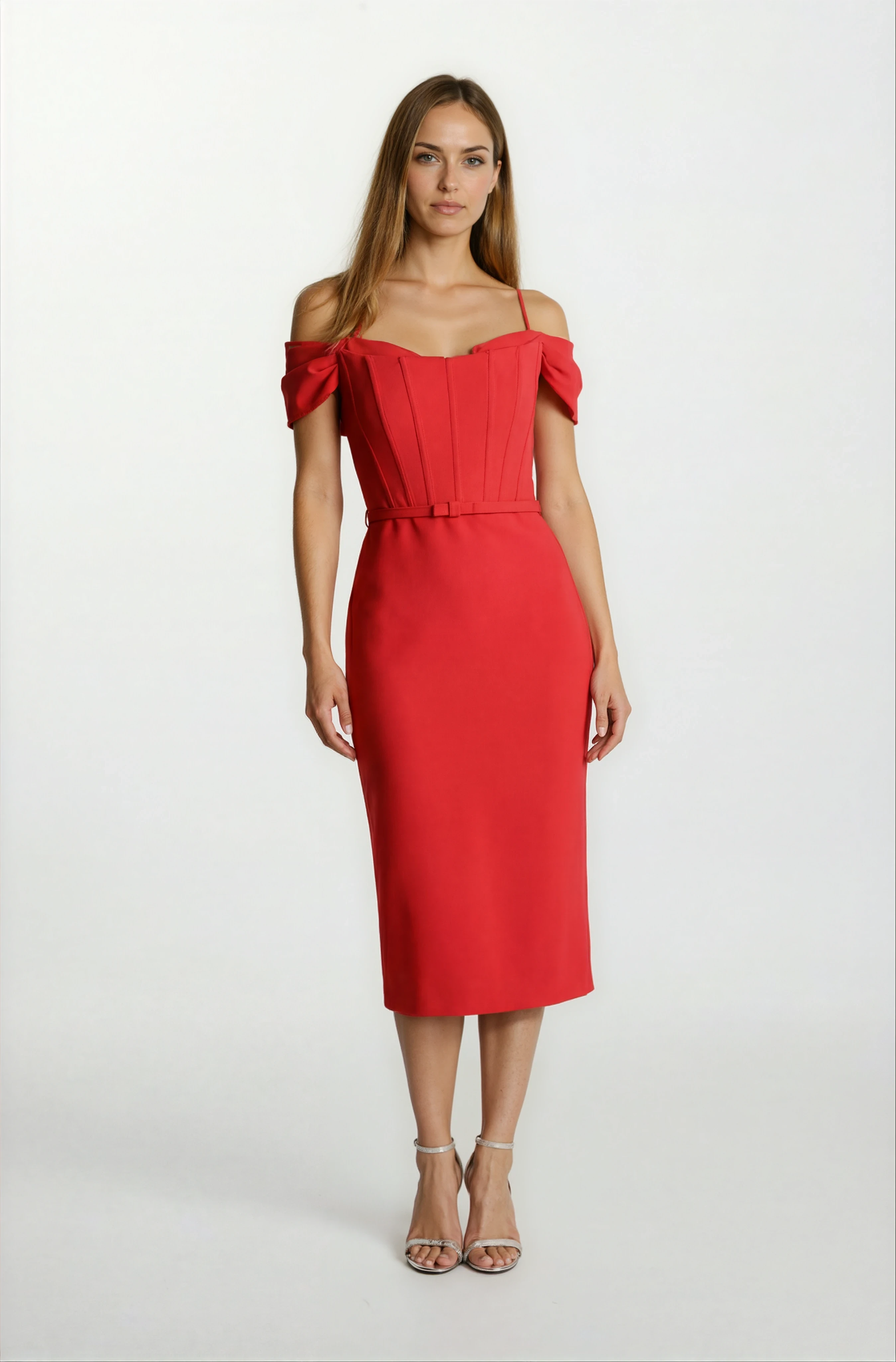 Delfa Straplez Düşük Kol Fiyonk Kemerli Kısa Abiye Elbise KIRMIZI