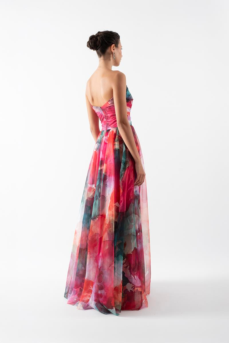 Delisio Straplez Yaka Kloş Bel Gül Detaylı Uzun Abiye Elbise FUŞYA