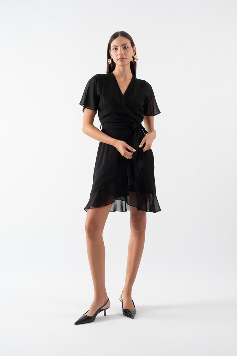 Delizio Kruvaze Yaka Volanlı Elbise SİYAH