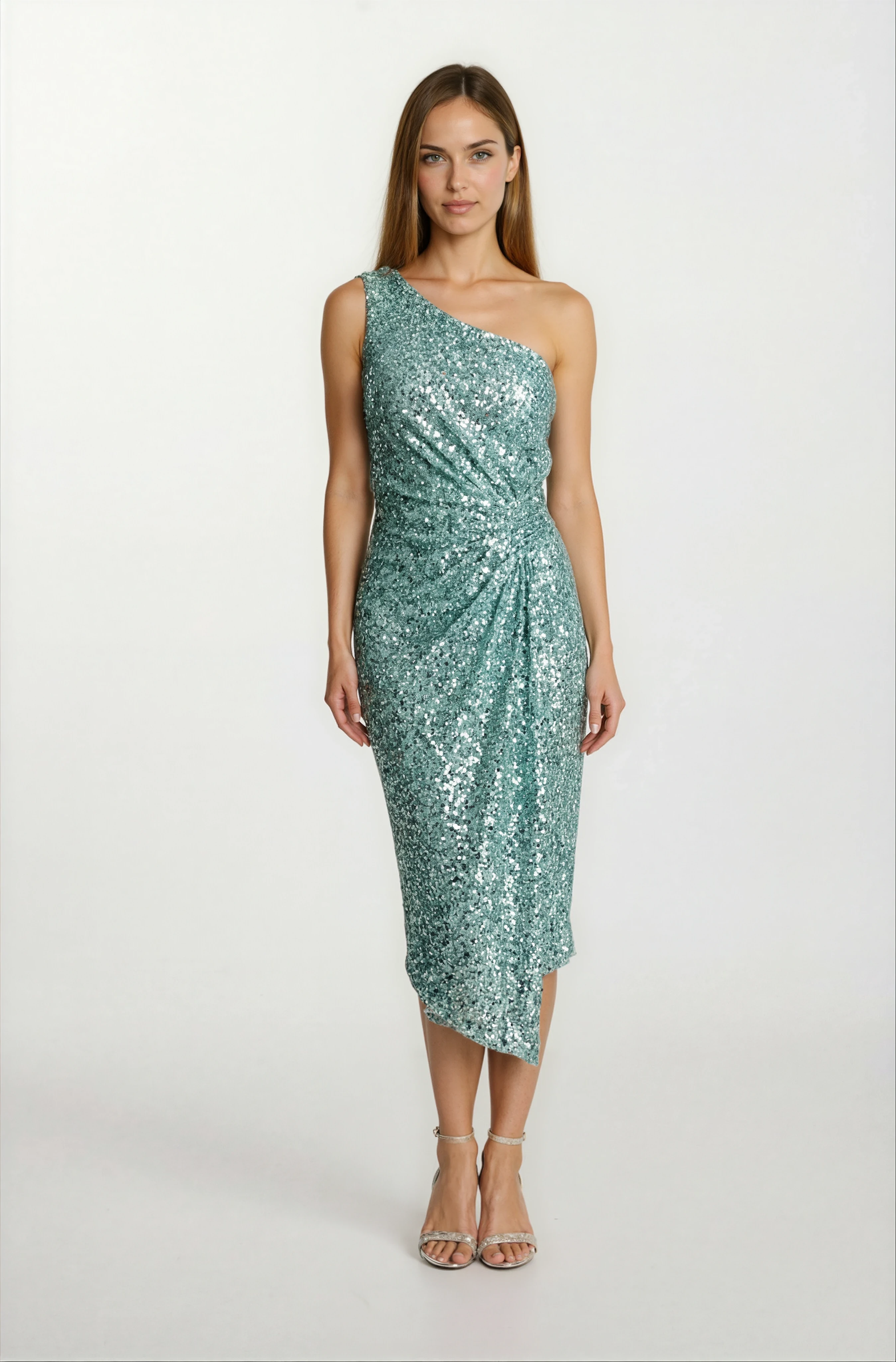 Delmo Tek Omuz Kayık Yaka Anvelop Pileli Kısa Abiye Elbise MİNT