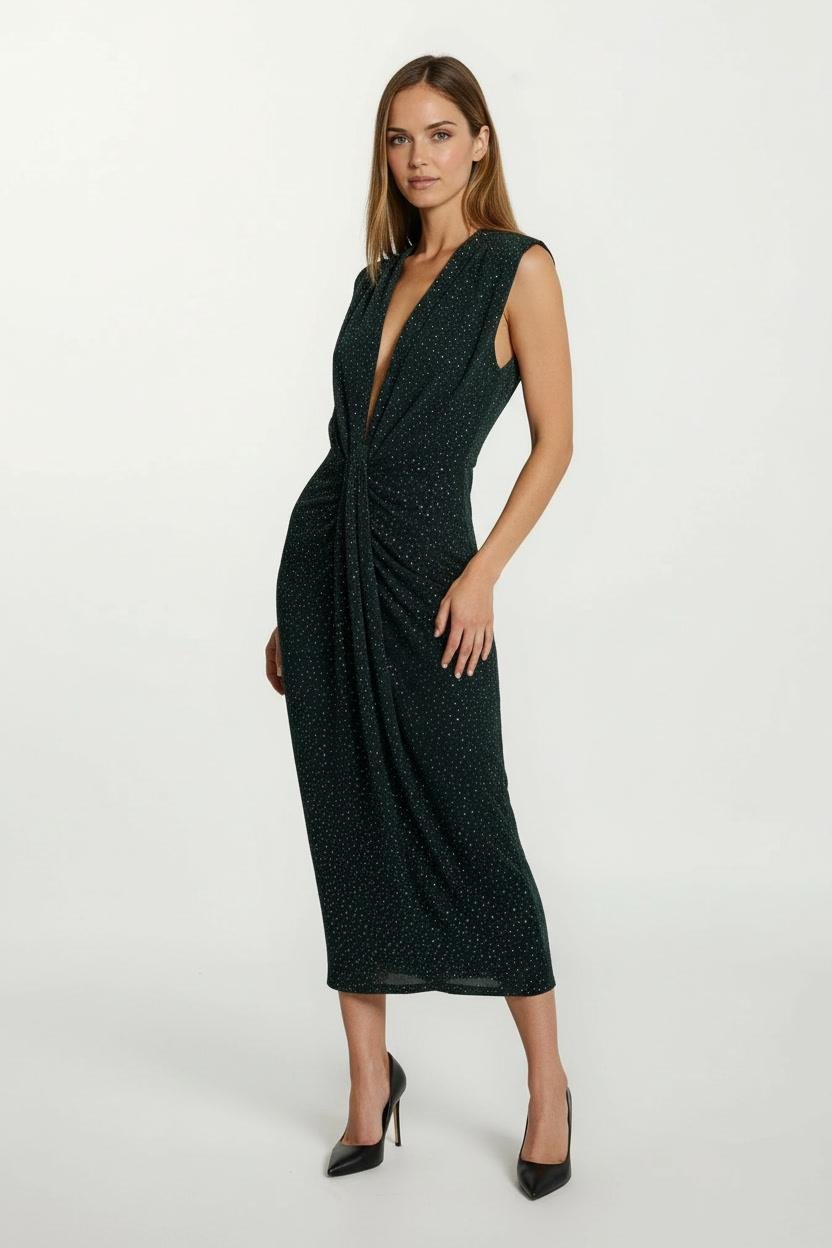 Denisio Omuz Pileli Önü Derin V Taşlı Uzun Abiye Elbise YEŞİL