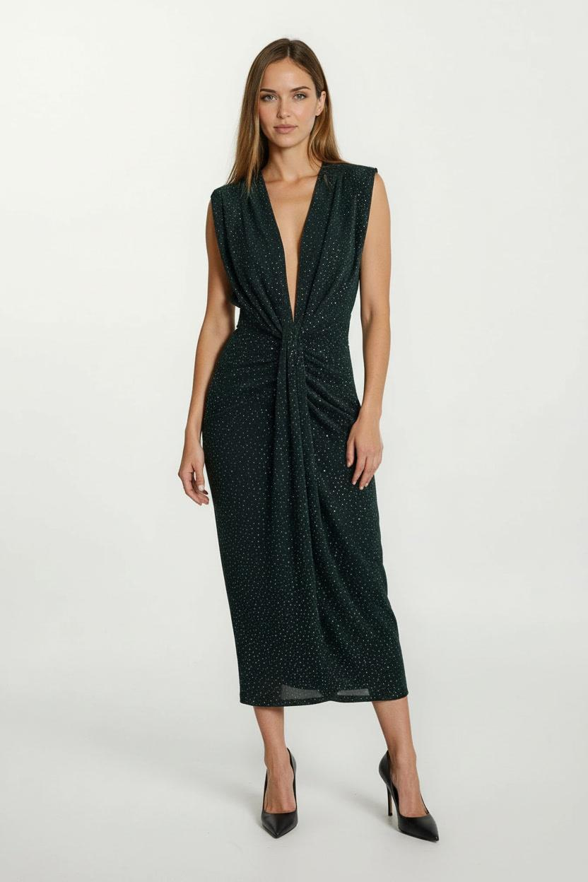 Denisio Omuz Pileli Önü Derin V Taşlı Uzun Abiye Elbise YEŞİL