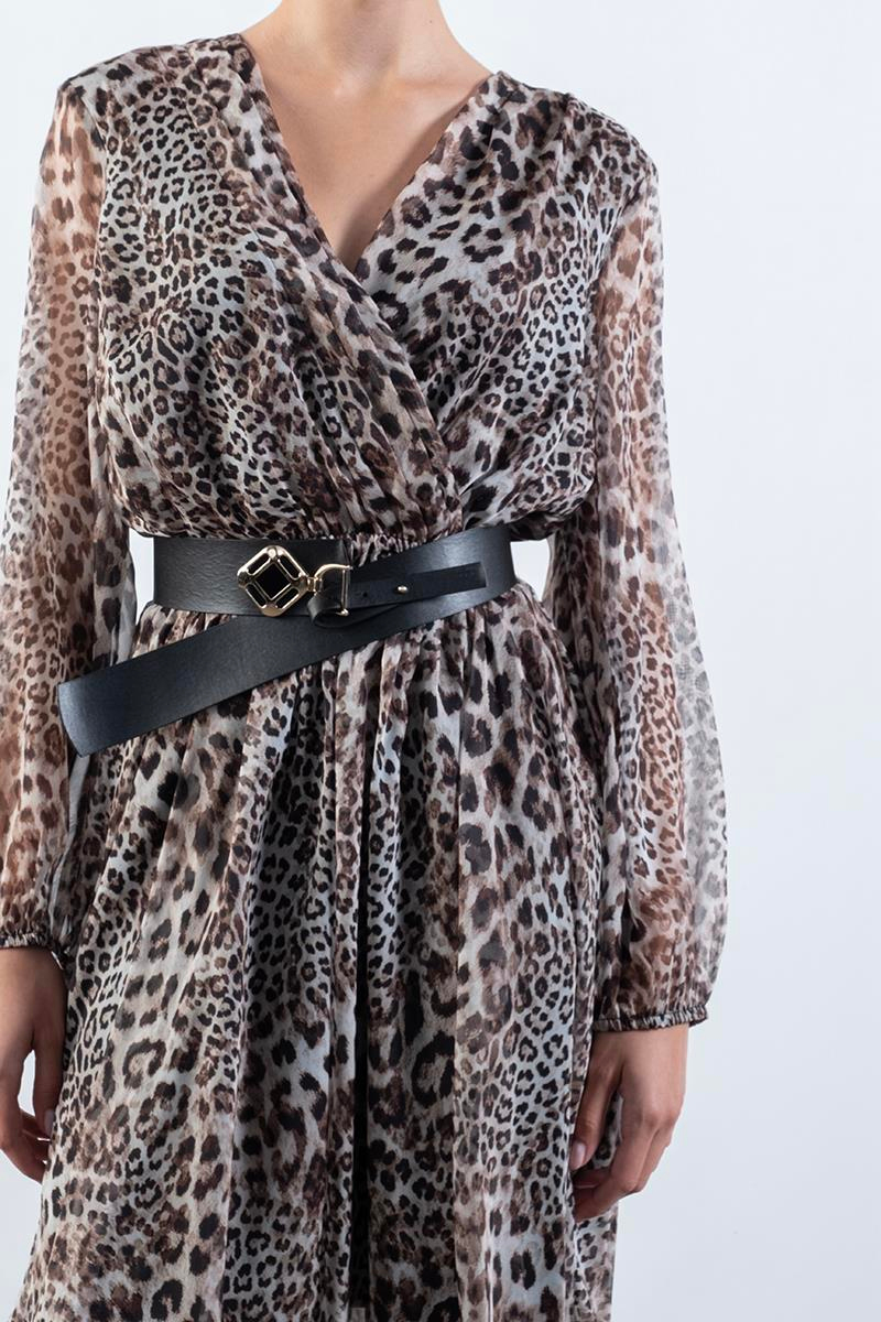 Deodato Kruvaze Yaka Kloş Kemerli Elbise SİYAH