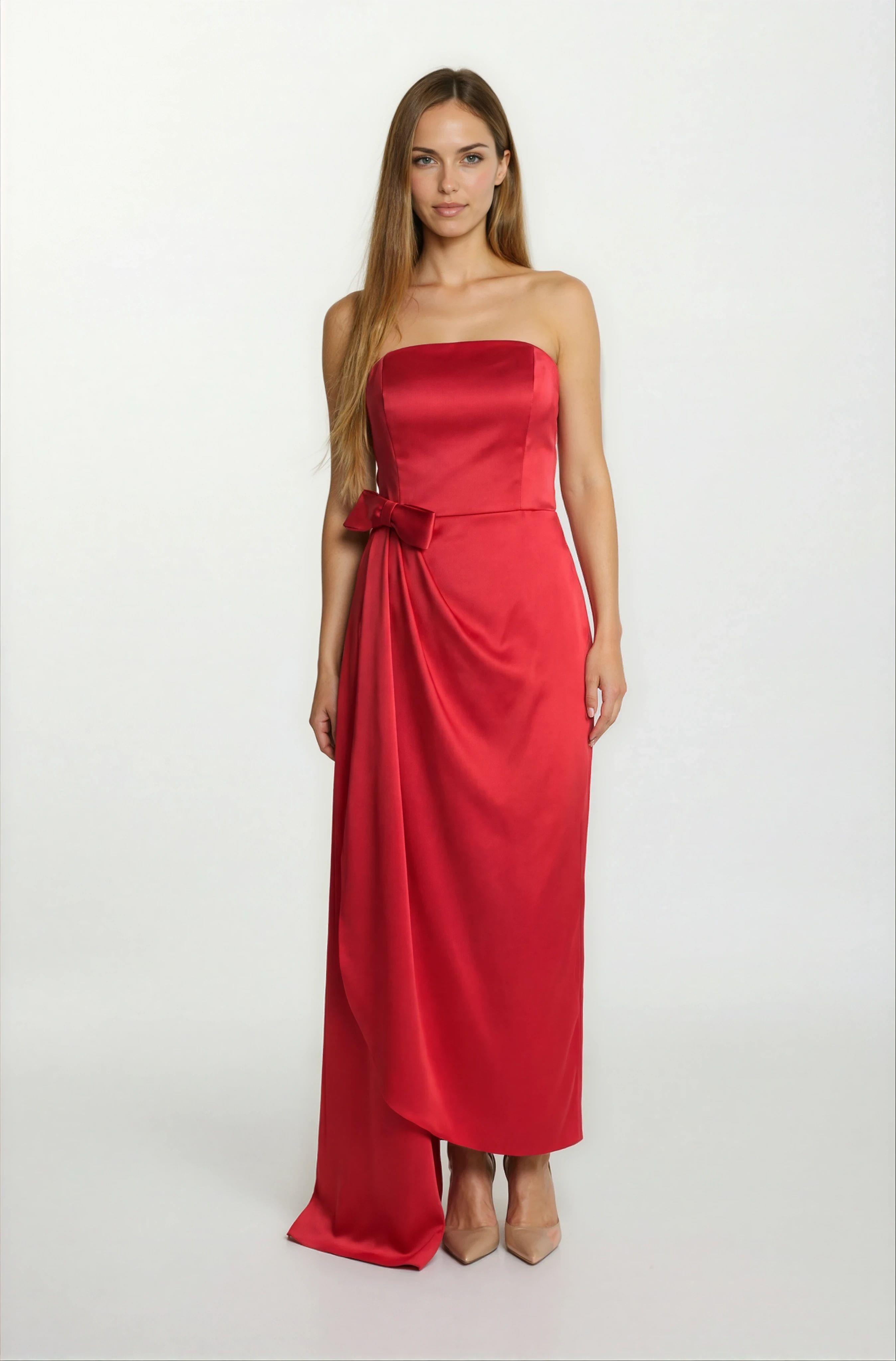 Desolina Straplez Belde Fiyonk Detaylı Anvelop Uzun Abiye Elbise KIRMIZI