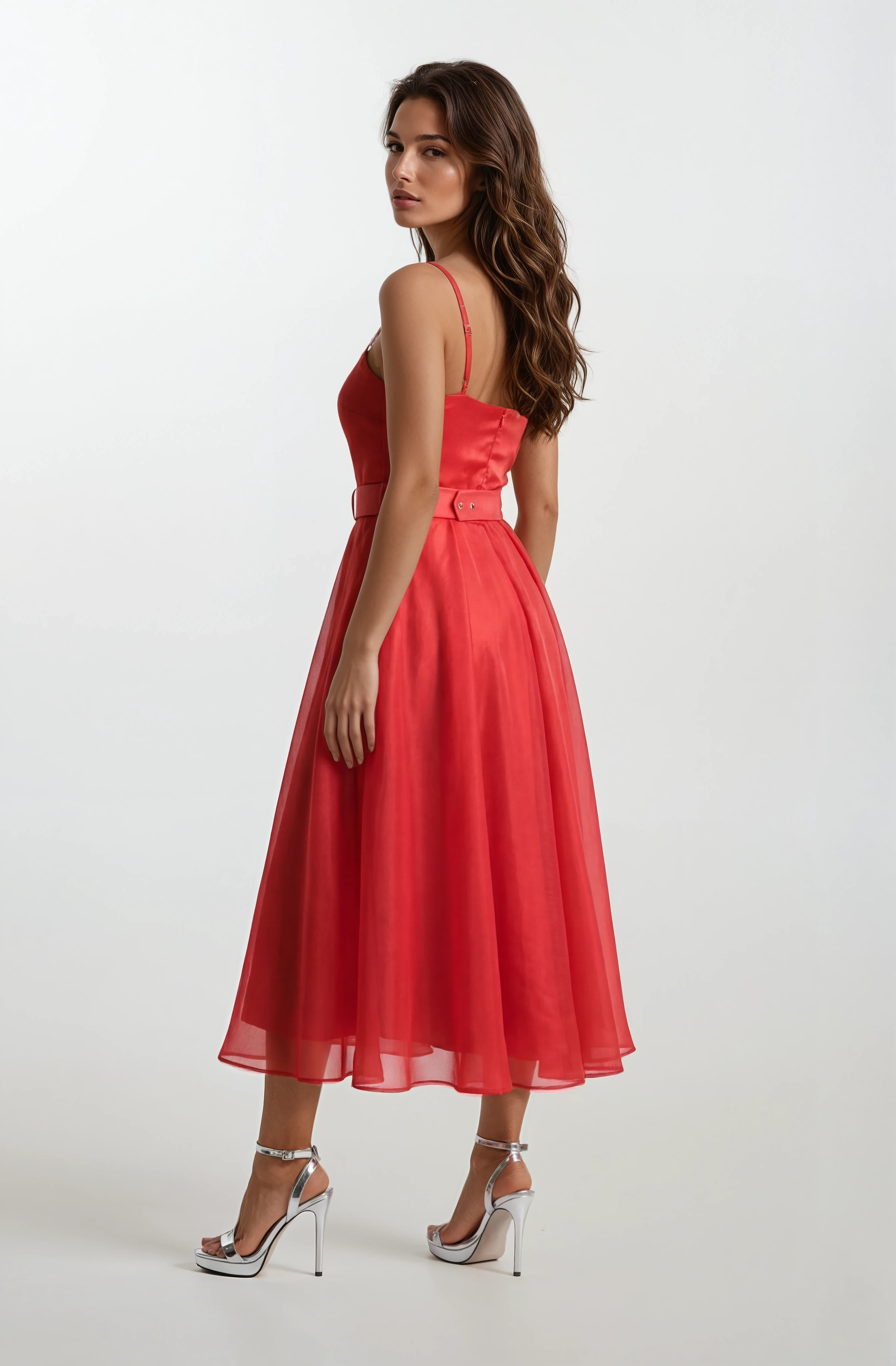 Devaney Kalp Yaka İnce Askılı Taşlı Kemerli Uzun Abiye Elbise KIRMIZI