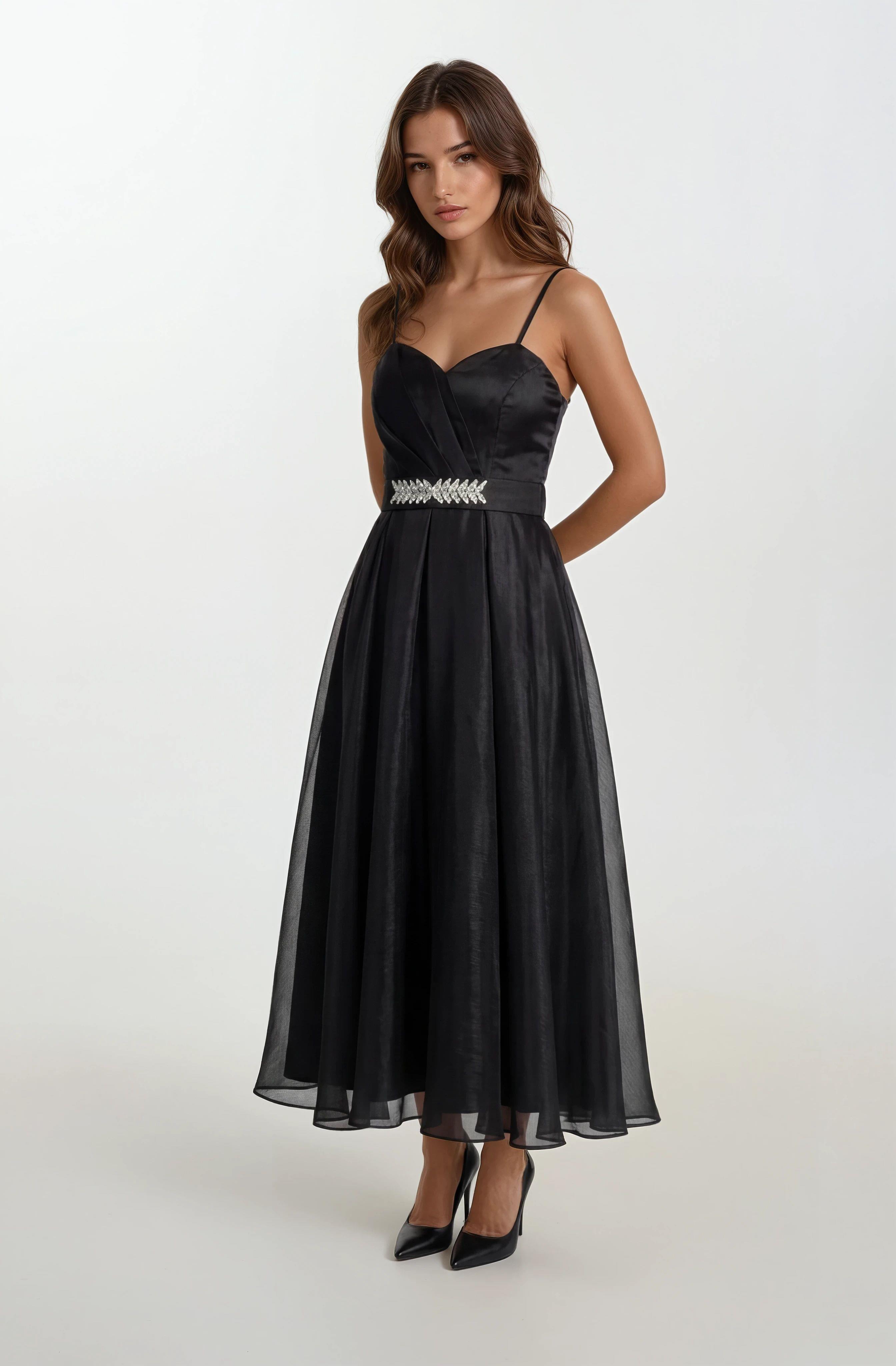 Devaney Kalp Yaka İnce Askılı Taşlı Kemerli Uzun Abiye Elbise SİYAH