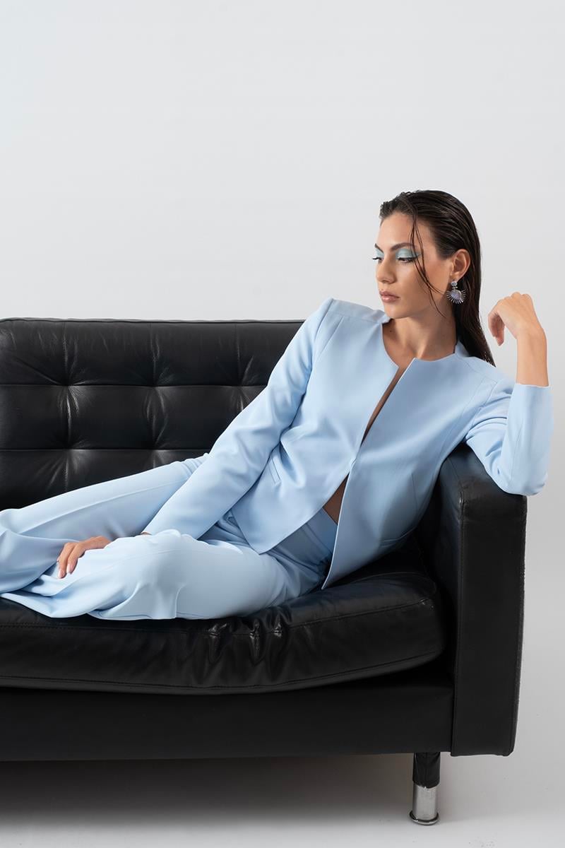 Diamanta Yakasız Flota Cepli Ceket MAVİ