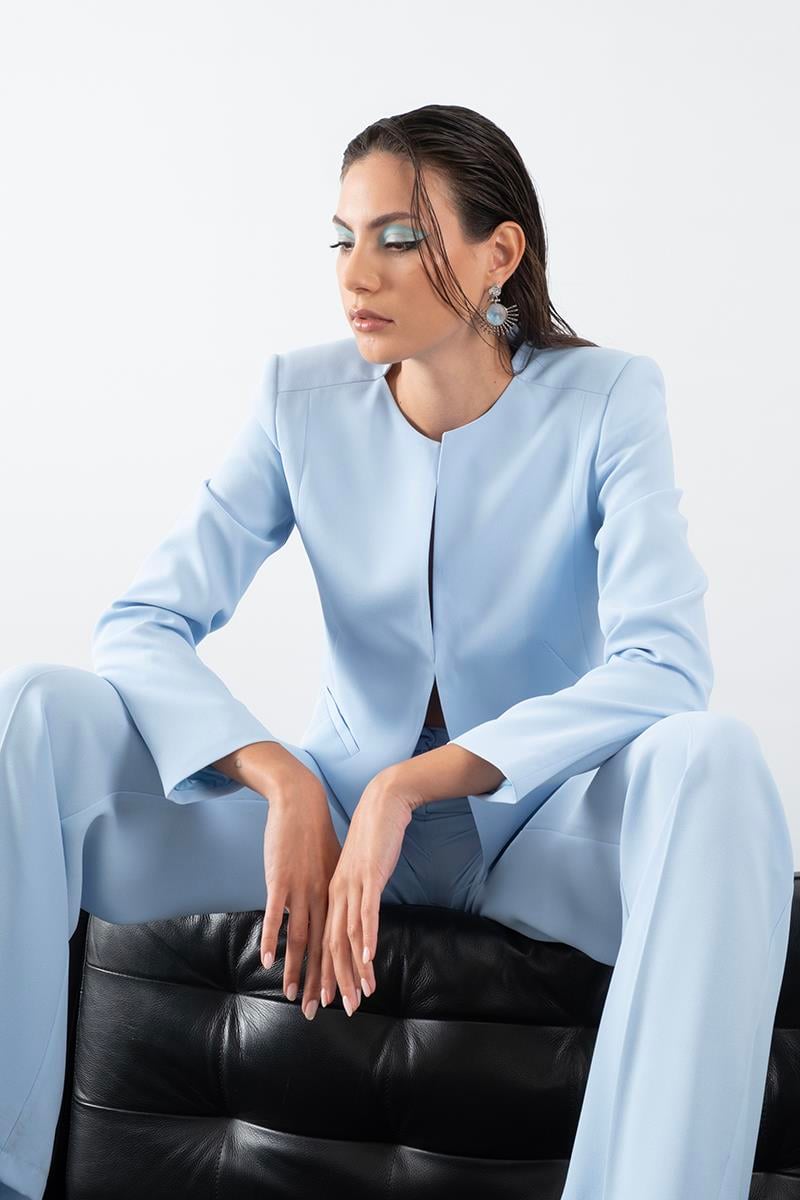 Diamanta Yakasız Flota Cepli Ceket MAVİ