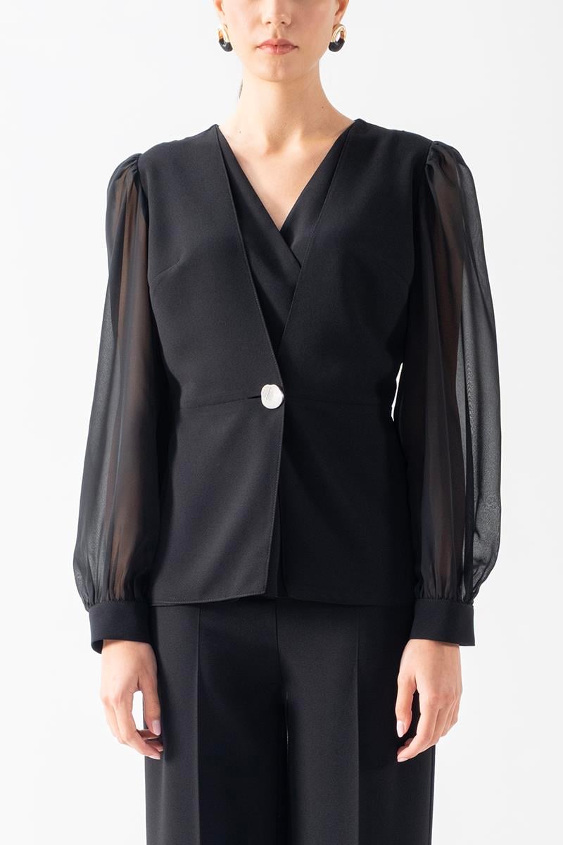 Diamante V  Yaka Kruvaze Tek Düğme Kolları Şifon Ceket SİYAH