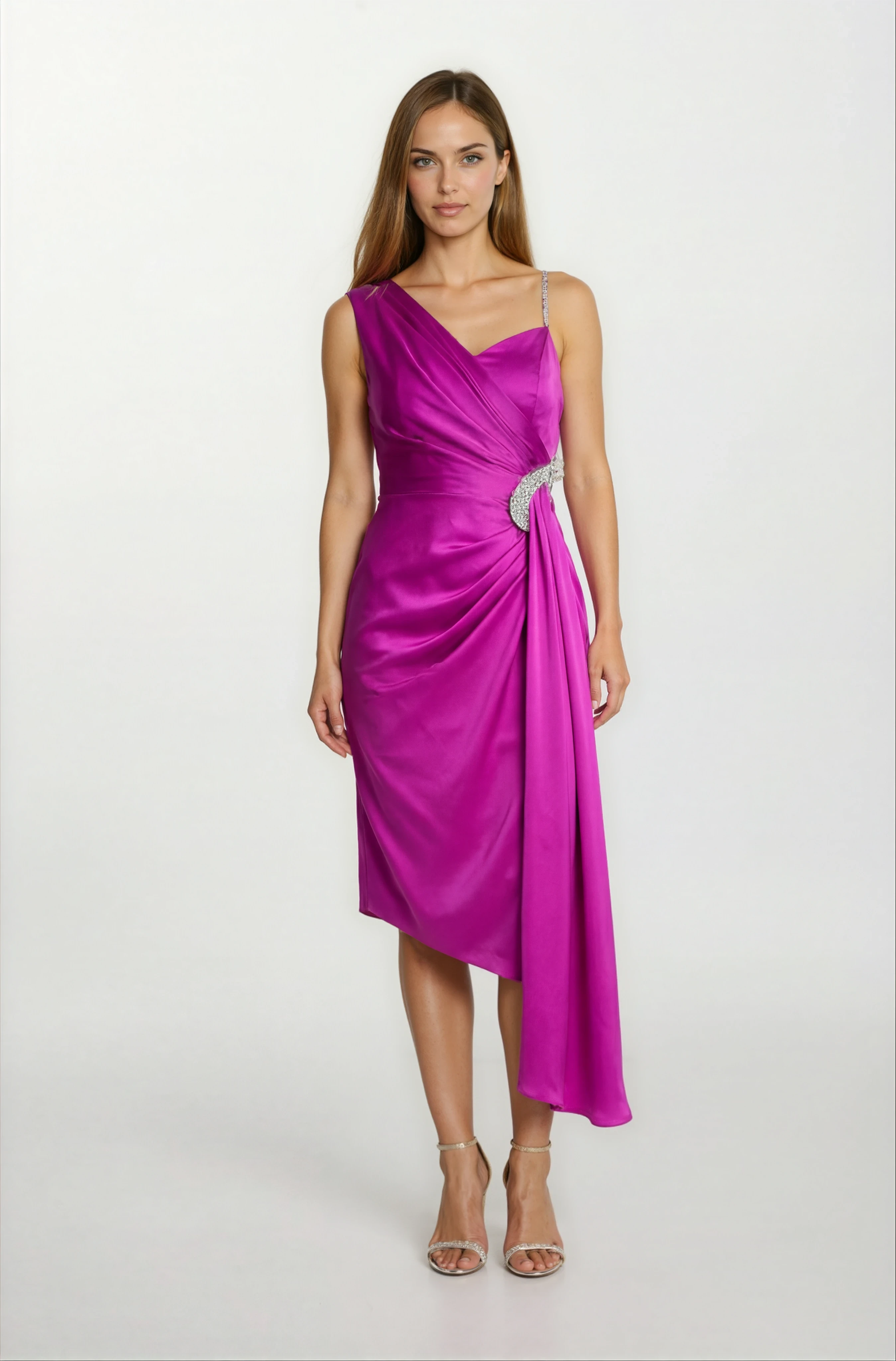 Dignard Taşlı Askılı Tek Kol  Damla Aksesuar Detaylı Midi Abiye Elbise FUŞYA