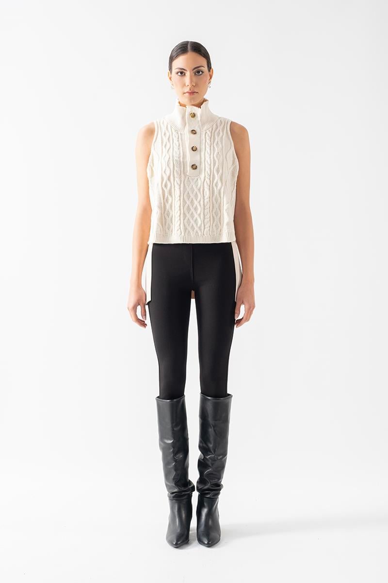 Dionigia Dik Yaka Yarım Pat Düğmeli Ön Örme Arka Nubuk Triko TAŞ