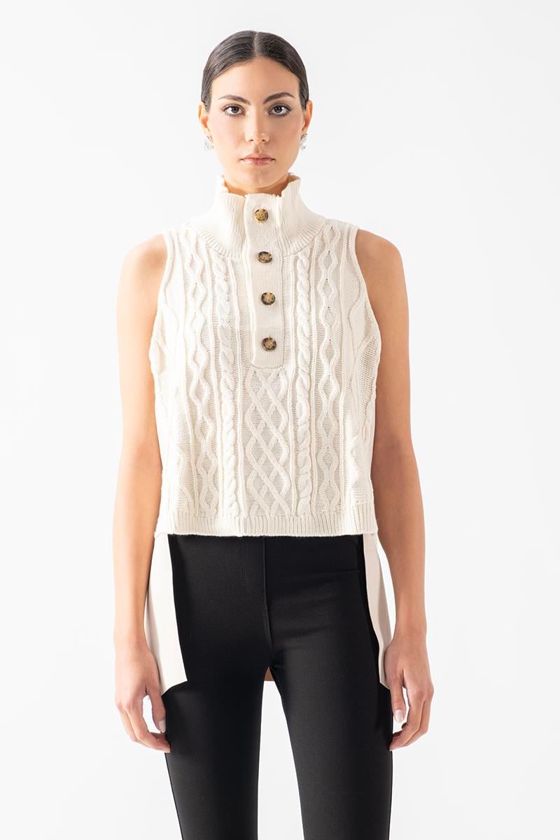 Dionigia Dik Yaka Yarım Pat Düğmeli Ön Örme Arka Nubuk Triko TAŞ