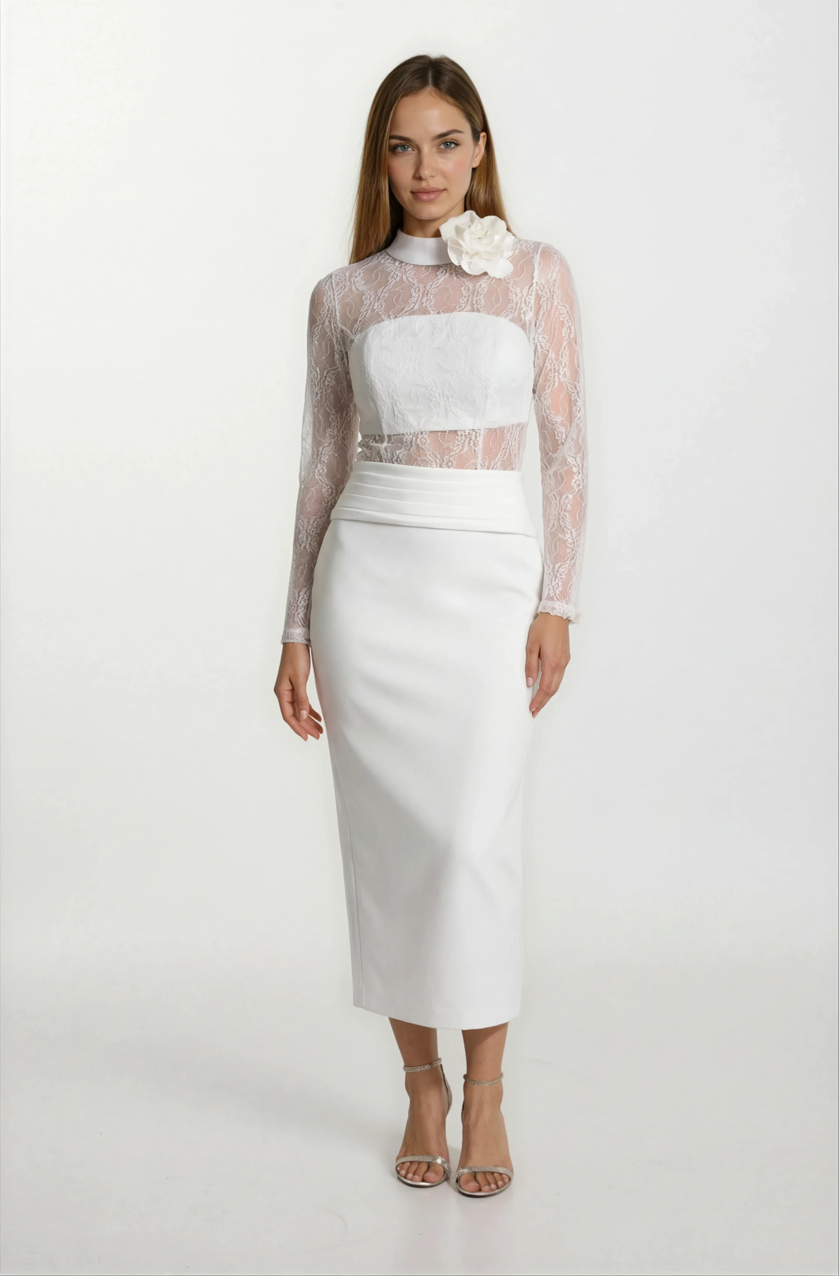 Dolindo Üstü  Dantelli Yaka Çiçek Detaylı Midi Abiye Elbise EKRU