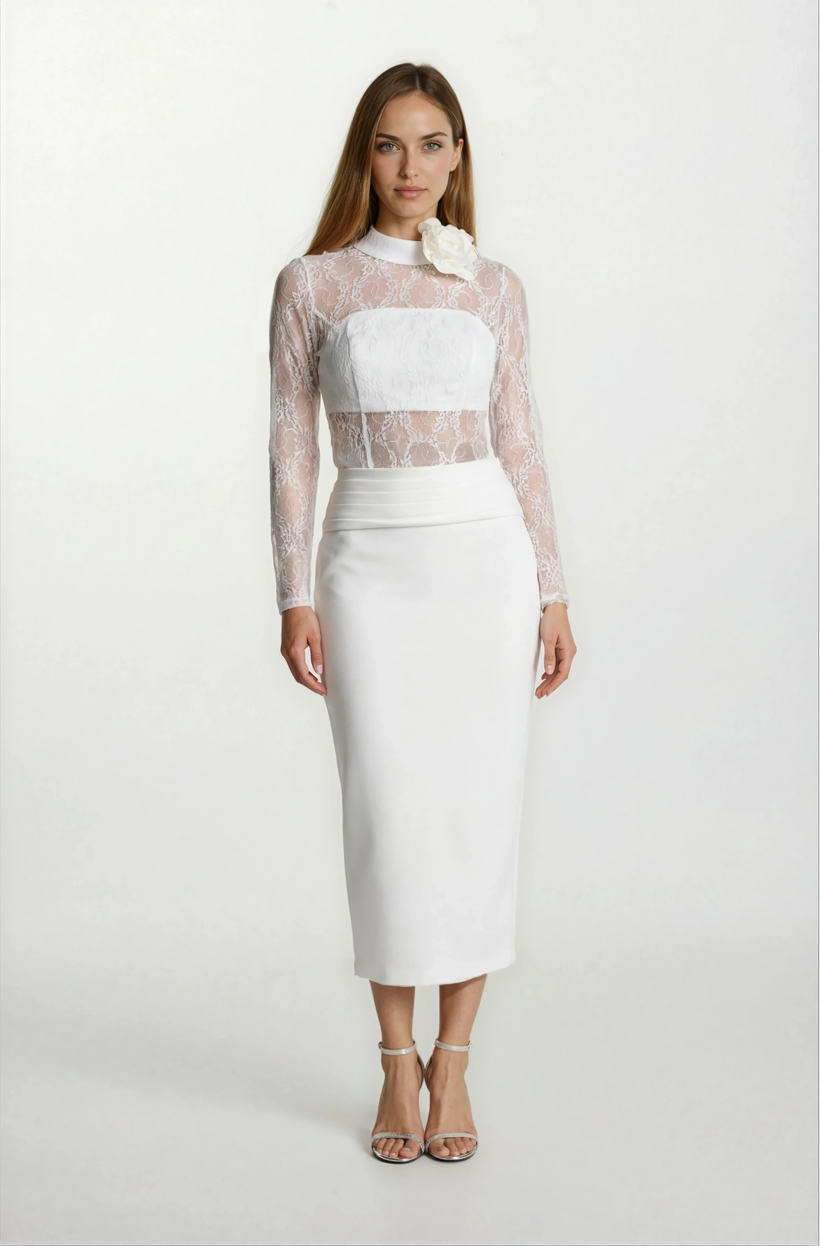 Dolindo Üstü  Dantelli Yaka Çiçek Detaylı Midi Abiye Elbise EKRU