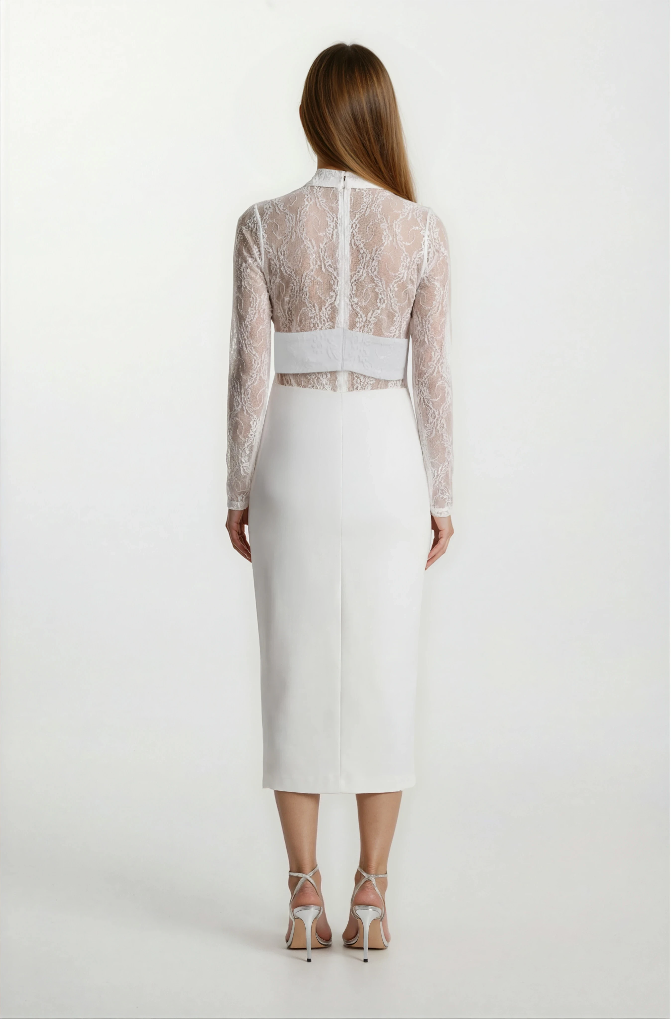 Dolindo Üstü  Dantelli Yaka Çiçek Detaylı Midi Abiye Elbise EKRU