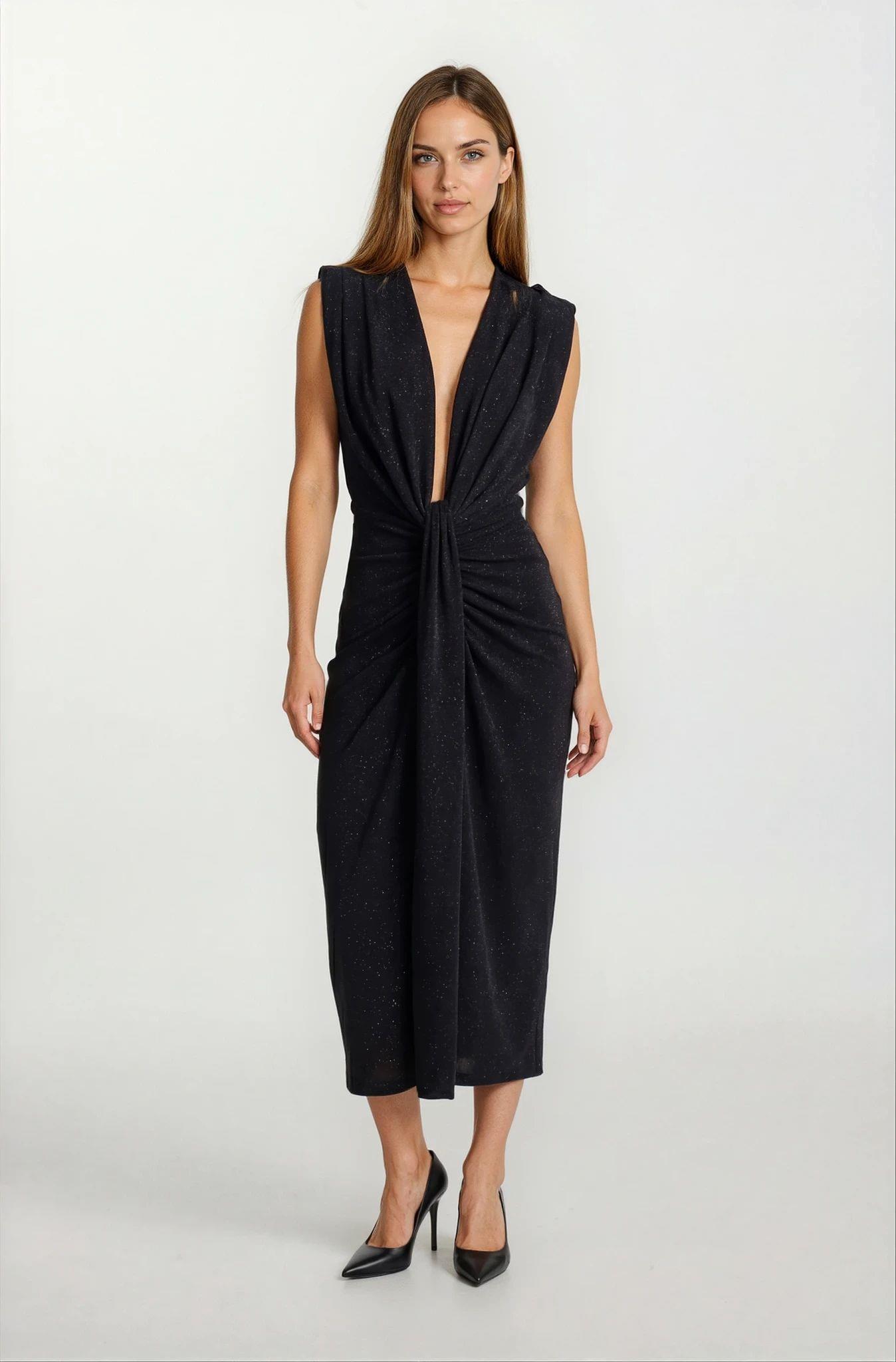 Donatino Omuz Pileli Önü Derin V Taşlı Uzun Abiye Elbise SİYAH