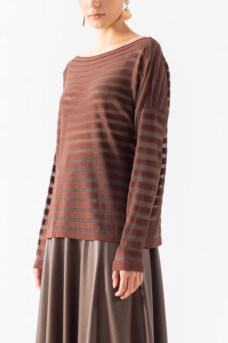 Donelio Kayık Yaka Transparan Çizgili Triko KAHVE