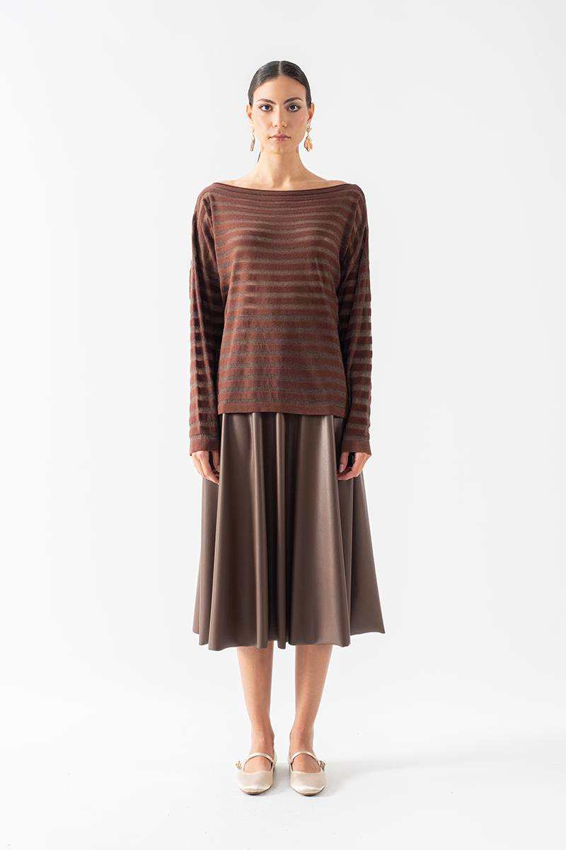 Donelio Kayık Yaka Transparan Çizgili Triko KAHVE