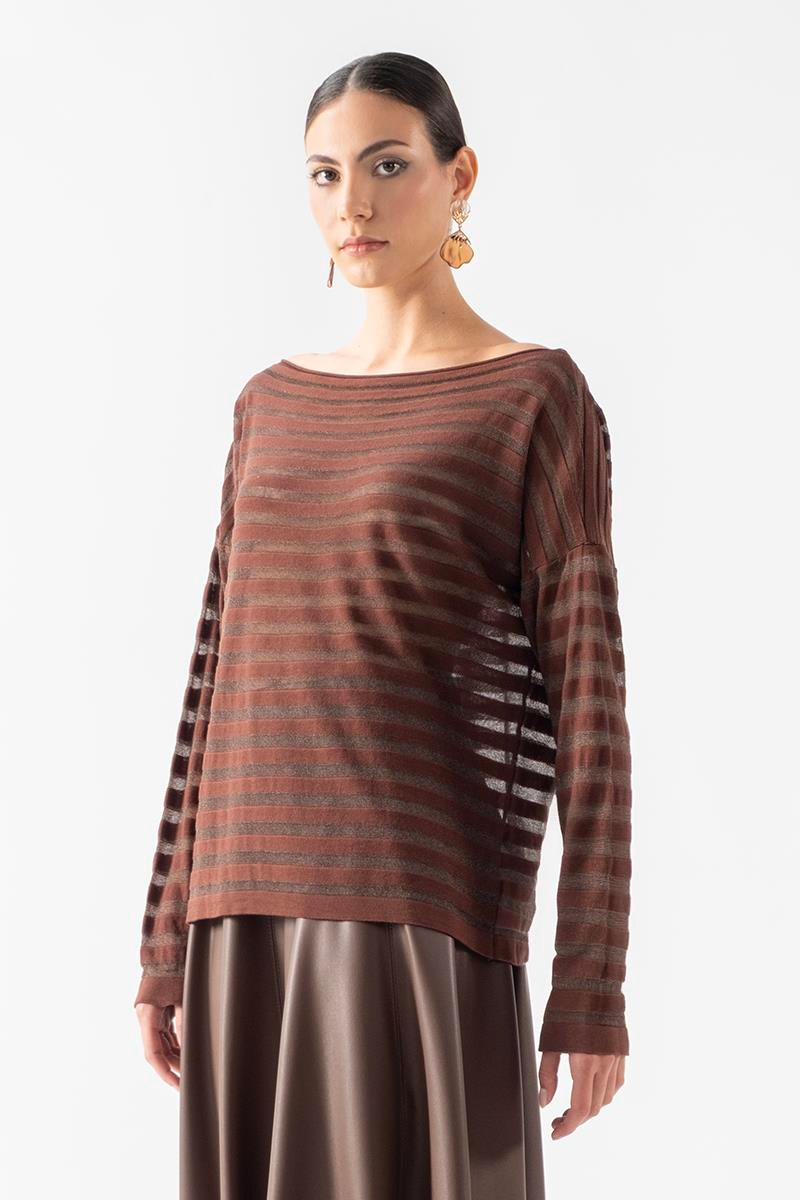 Donelio Kayık Yaka Transparan Çizgili Triko KAHVE