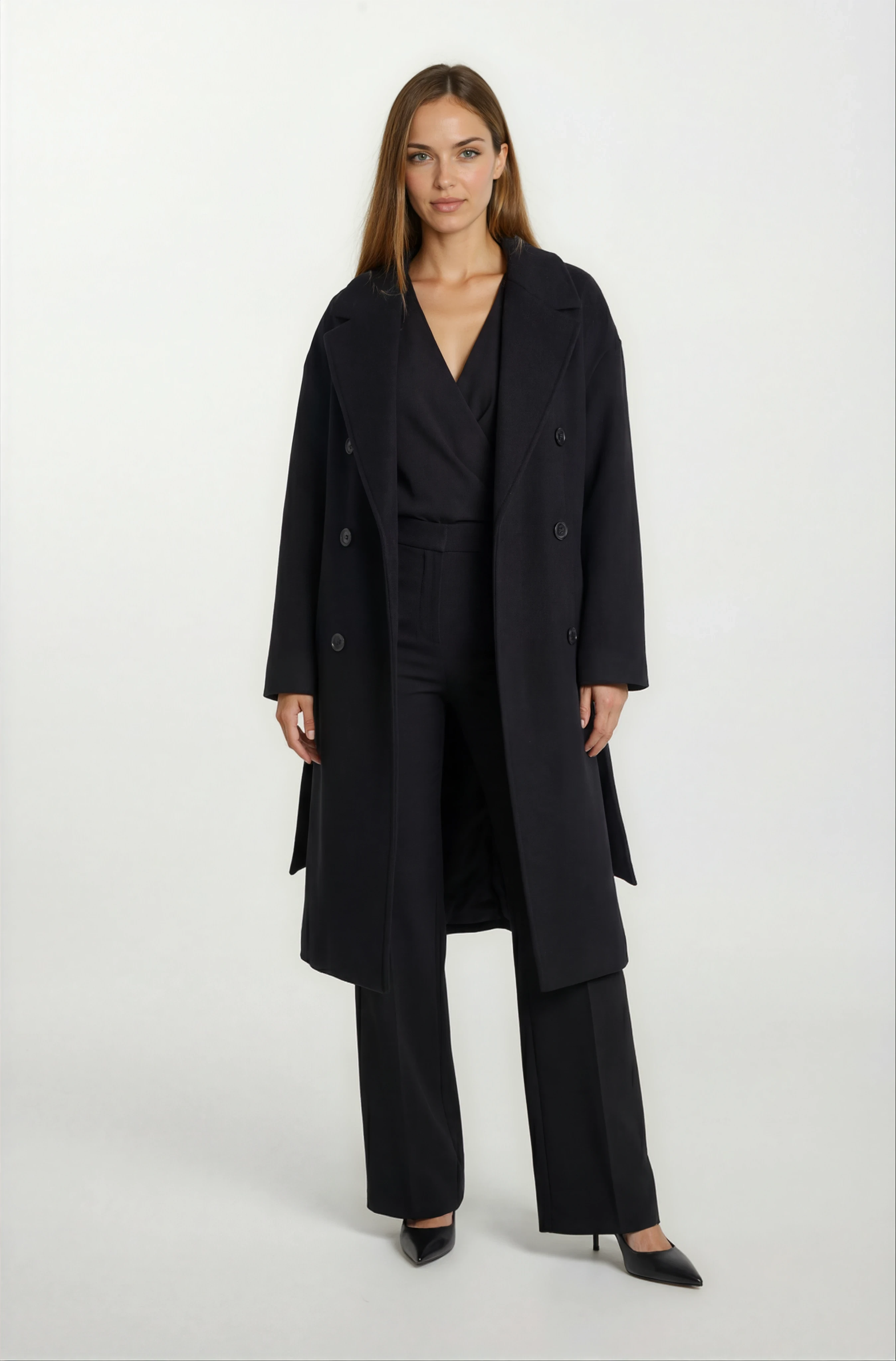 Donetta Kruvaze Kuşaklı Kaban SİYAH