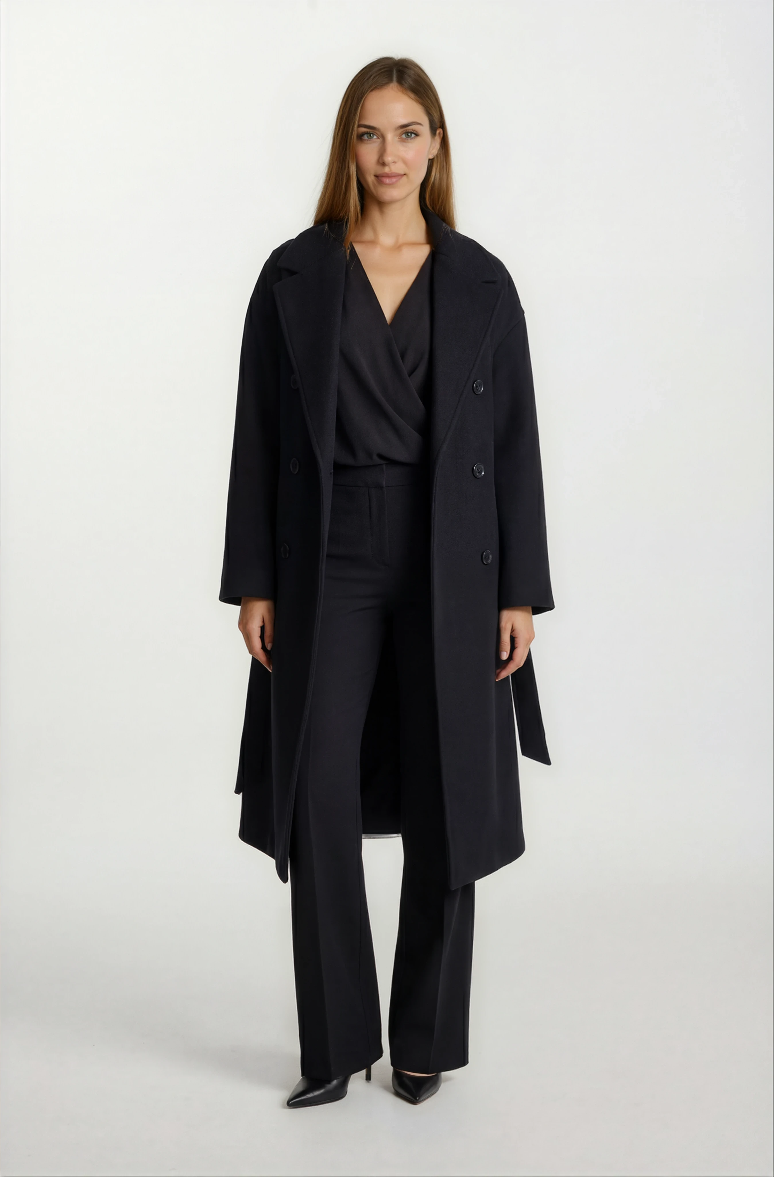 Donetta Kruvaze Kuşaklı Kaban SİYAH