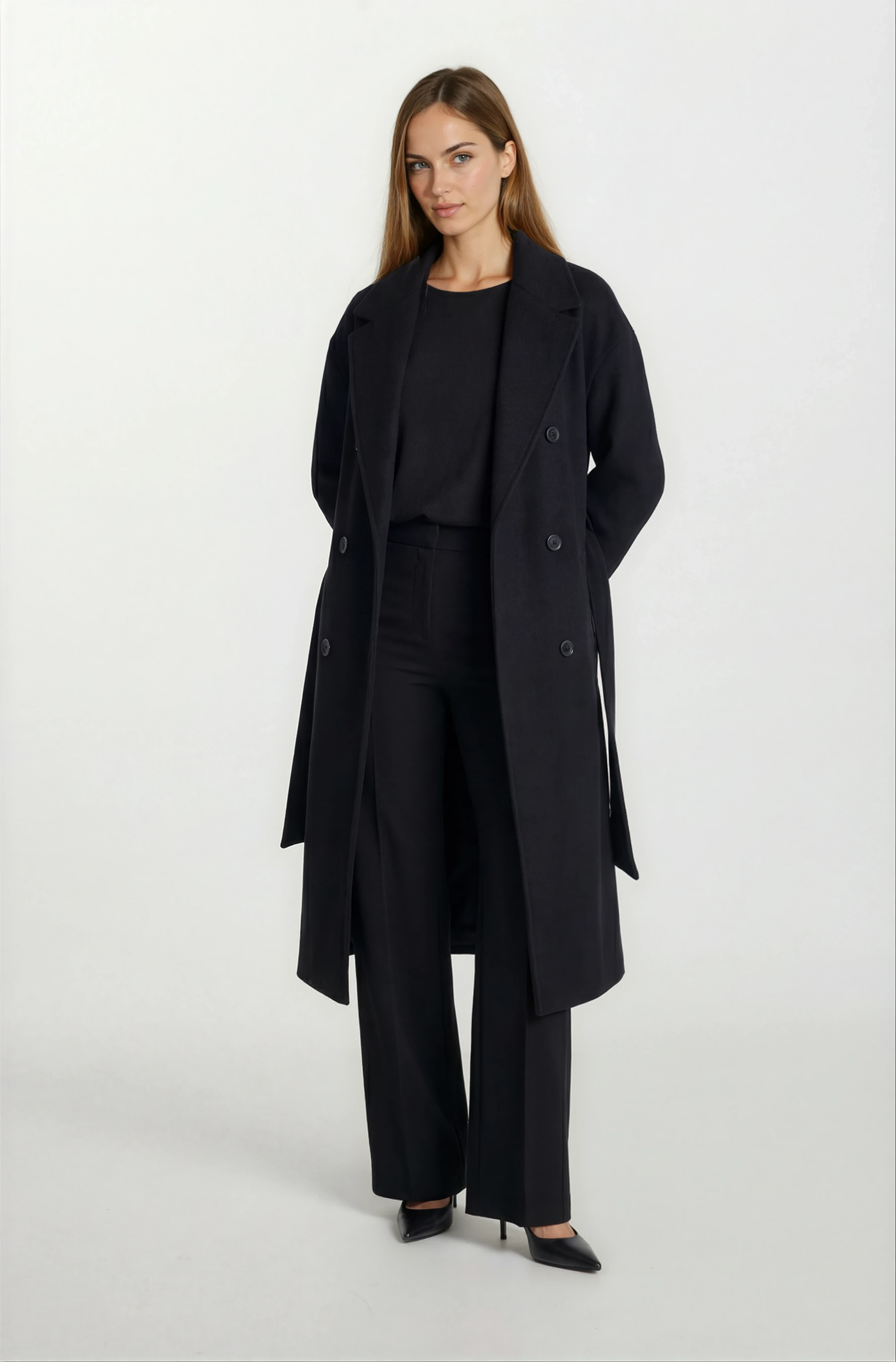 Donetta Kruvaze Kuşaklı Kaban SİYAH