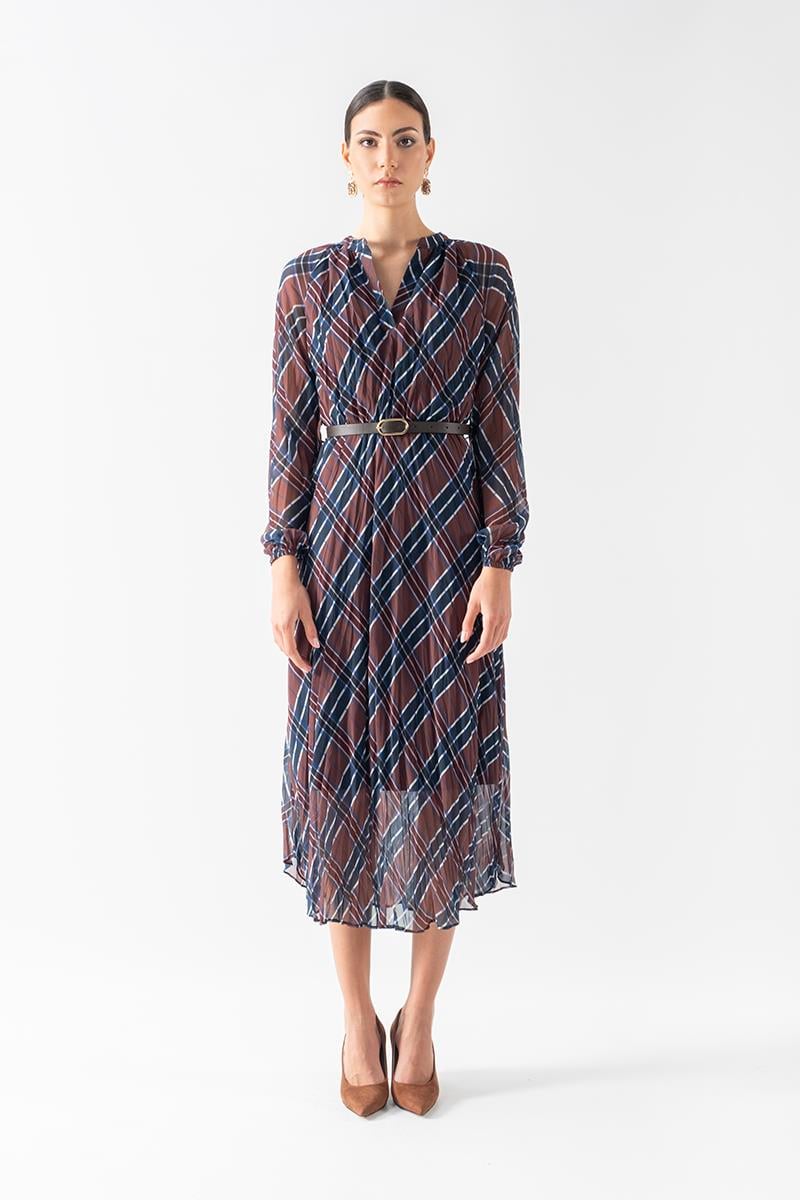 Doralba V Yaka Kemer Detaylı Kıraş Elbise KAHVE