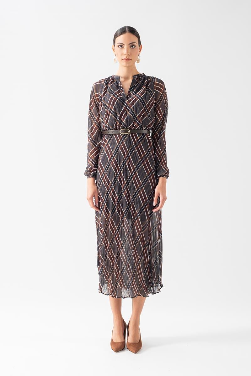 Doralba V Yaka Kemer Detaylı Kıraş Elbise ANTRASİT