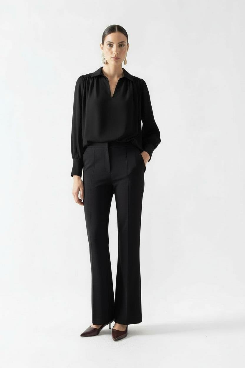 Drusiano Erkek V Yaka Kollar Şifon Fiyonk Aksesuar Detaylı Gömlek SİYAH