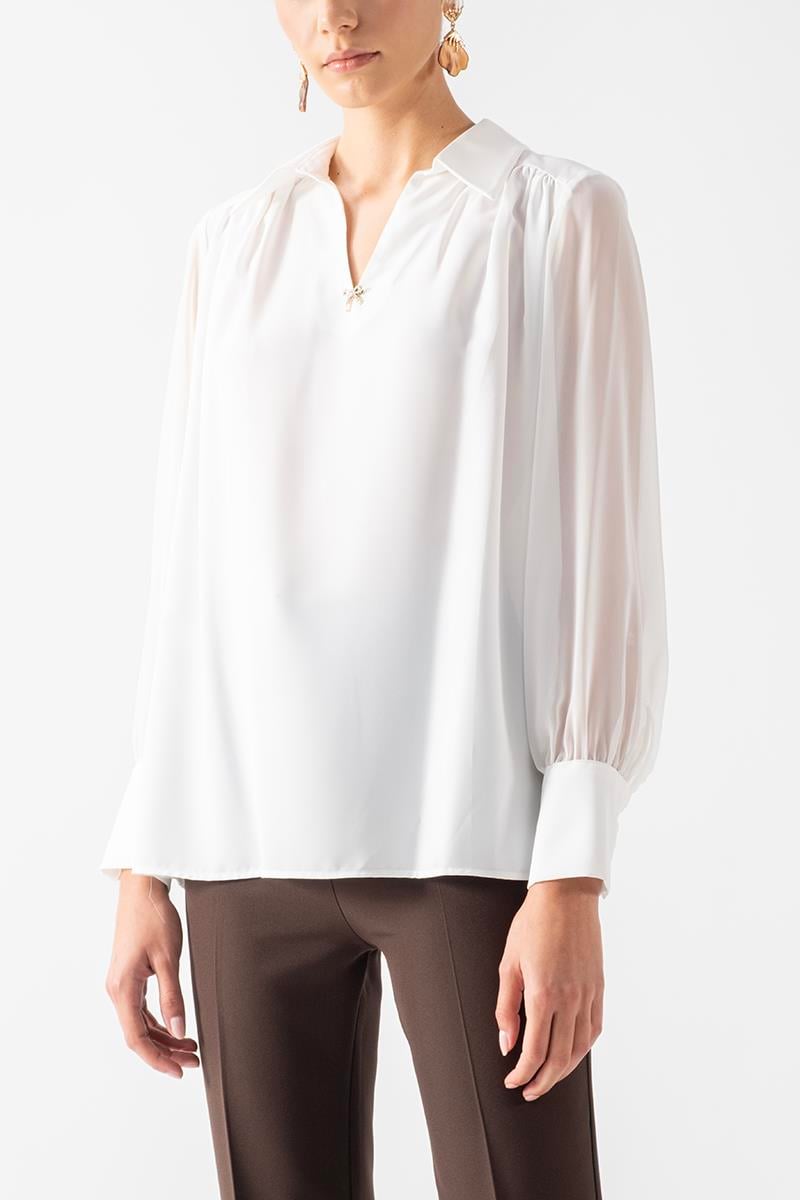 Drusiano Erkek V Yaka Kollar Şifon Fiyonk Aksesuar Detaylı Gömlek EKRU