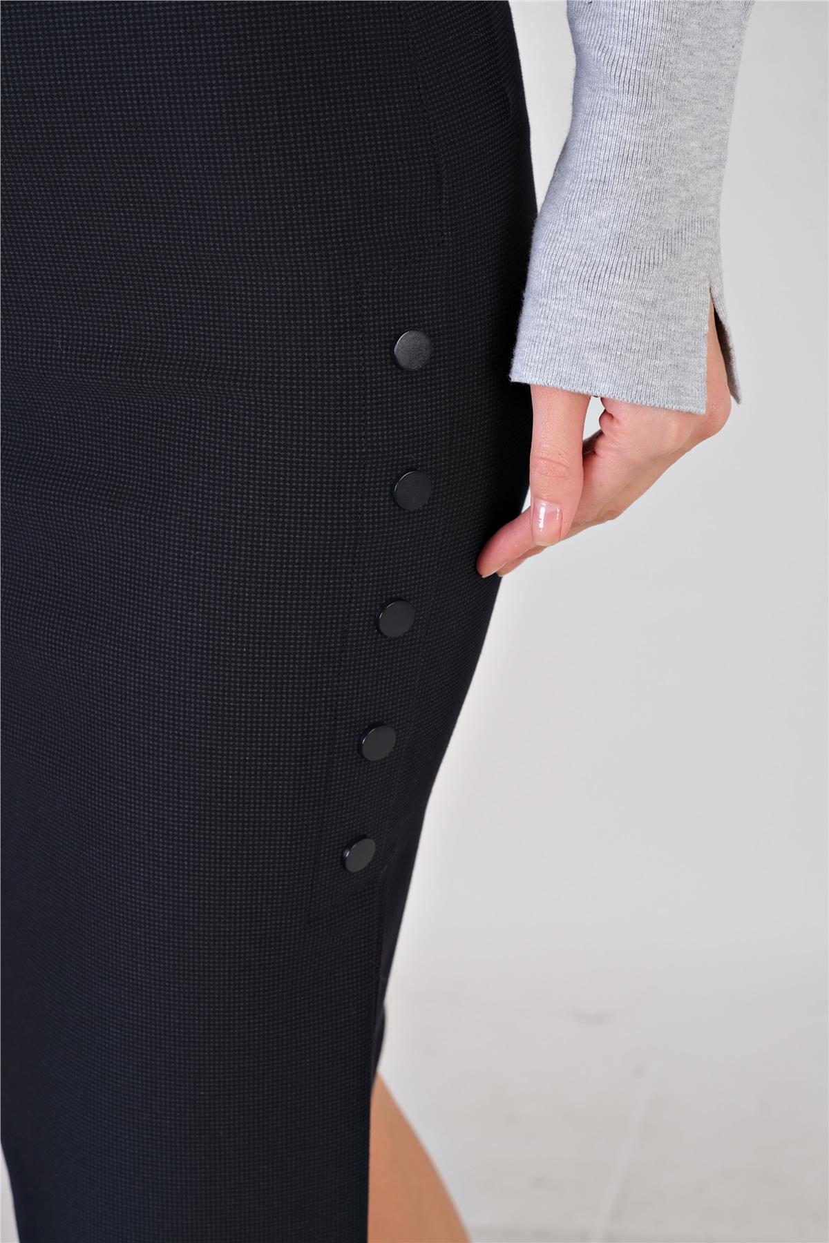 Duttine Önü Metal Düğmeli Kalem Etek LACİVERT