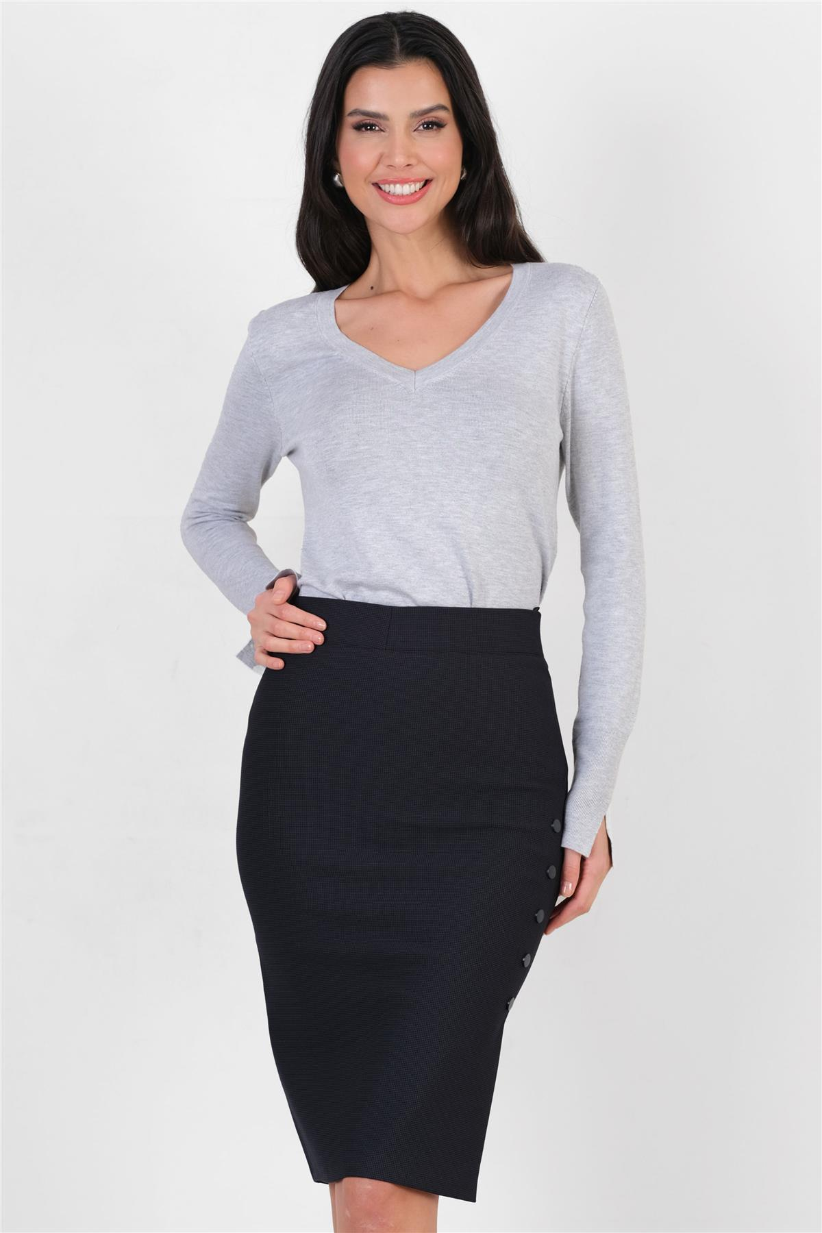 Duttine Önü Metal Düğmeli Kalem Etek LACİVERT