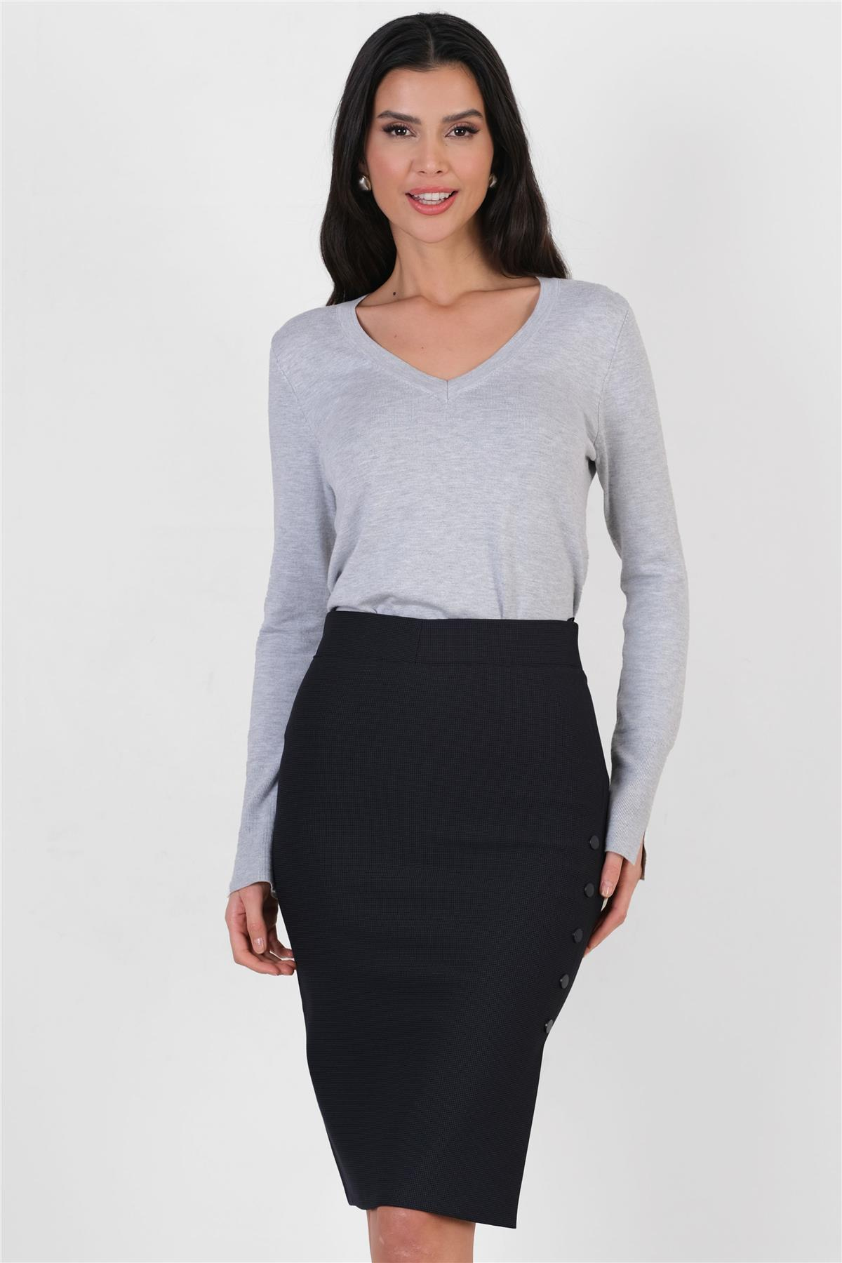 Duttine Önü Metal Düğmeli Kalem Etek LACİVERT