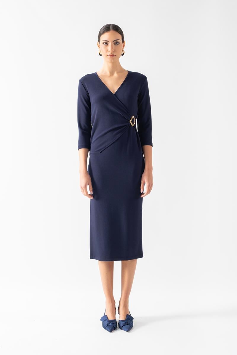 Eccelso Kruvaze Yaka Toka Detaylı Elbise LACİVERT