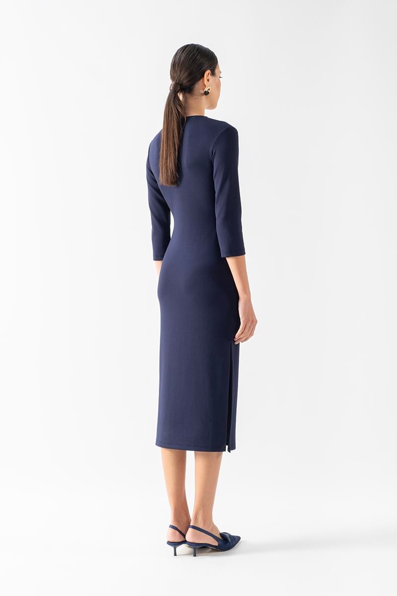 Eccelso Kruvaze Yaka Toka Detaylı Elbise LACİVERT