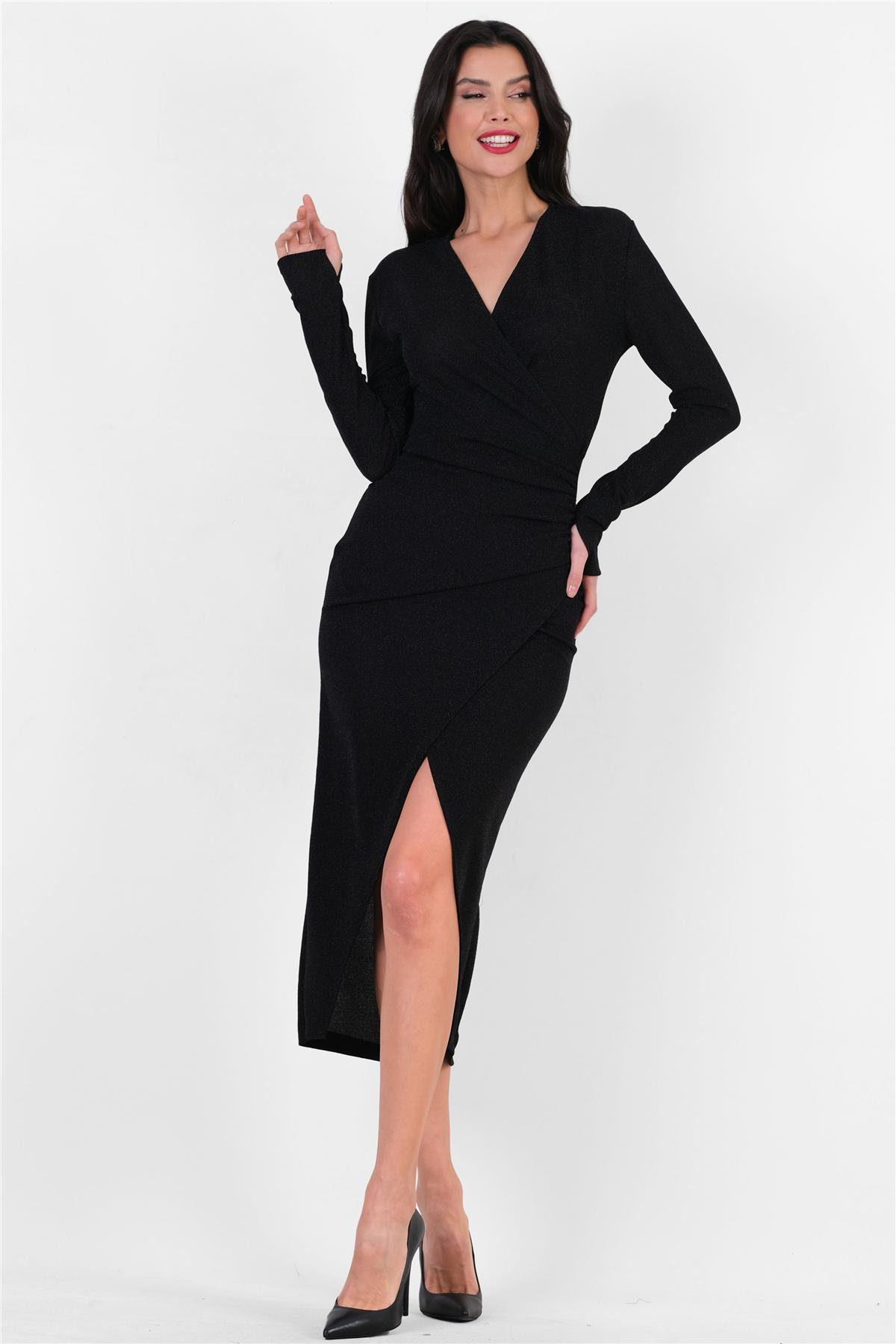 Eilbacher Kruvaze Yanı Büzgülü Asimetrik Etek Kısa Abiye Elbise SİYAH