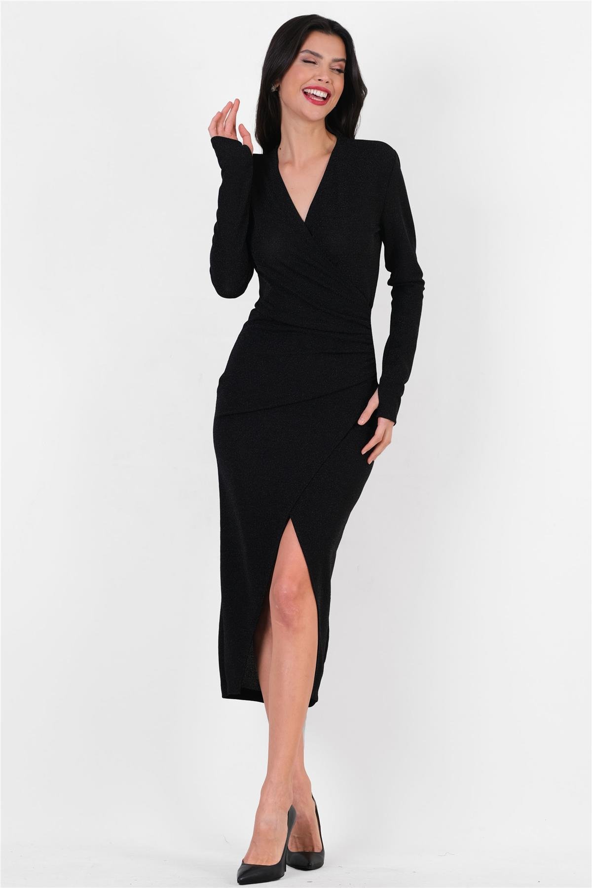 Eilbacher Kruvaze Yanı Büzgülü Asimetrik Etek Kısa Abiye Elbise SİYAH