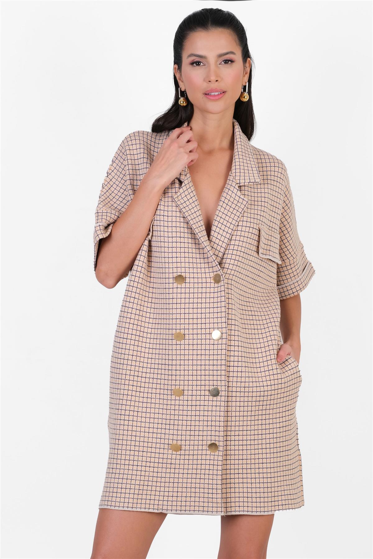 Elfman Gömlek Yaka Blazer Triko Elbise BEJ