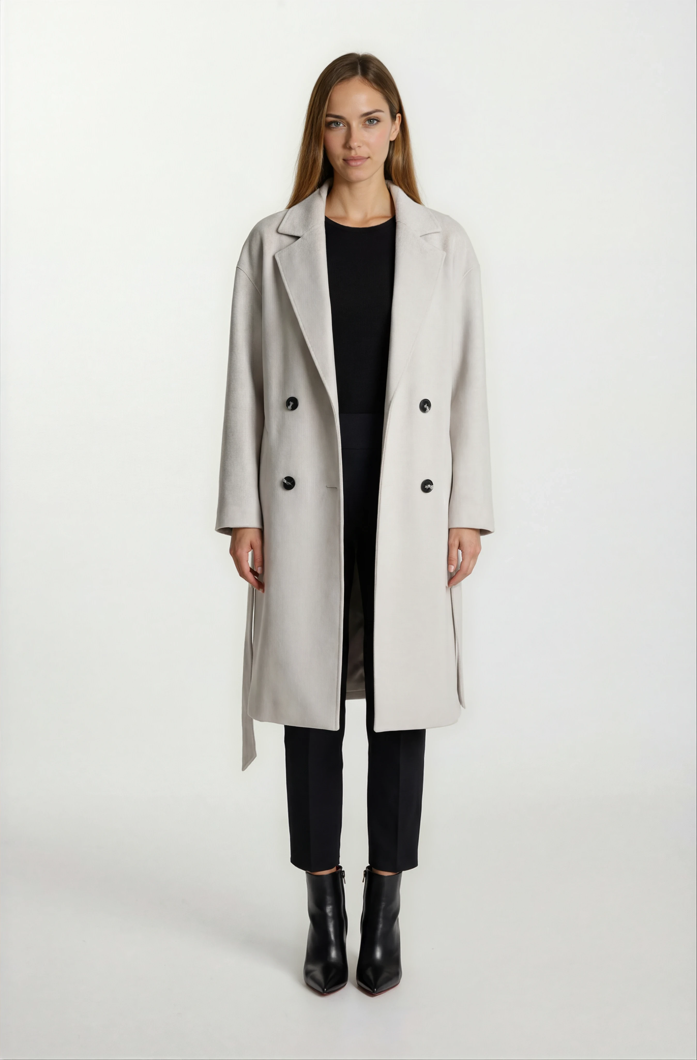 Enedina Kruvaze Kuşaklı Yandan Cepli Kaban KREM