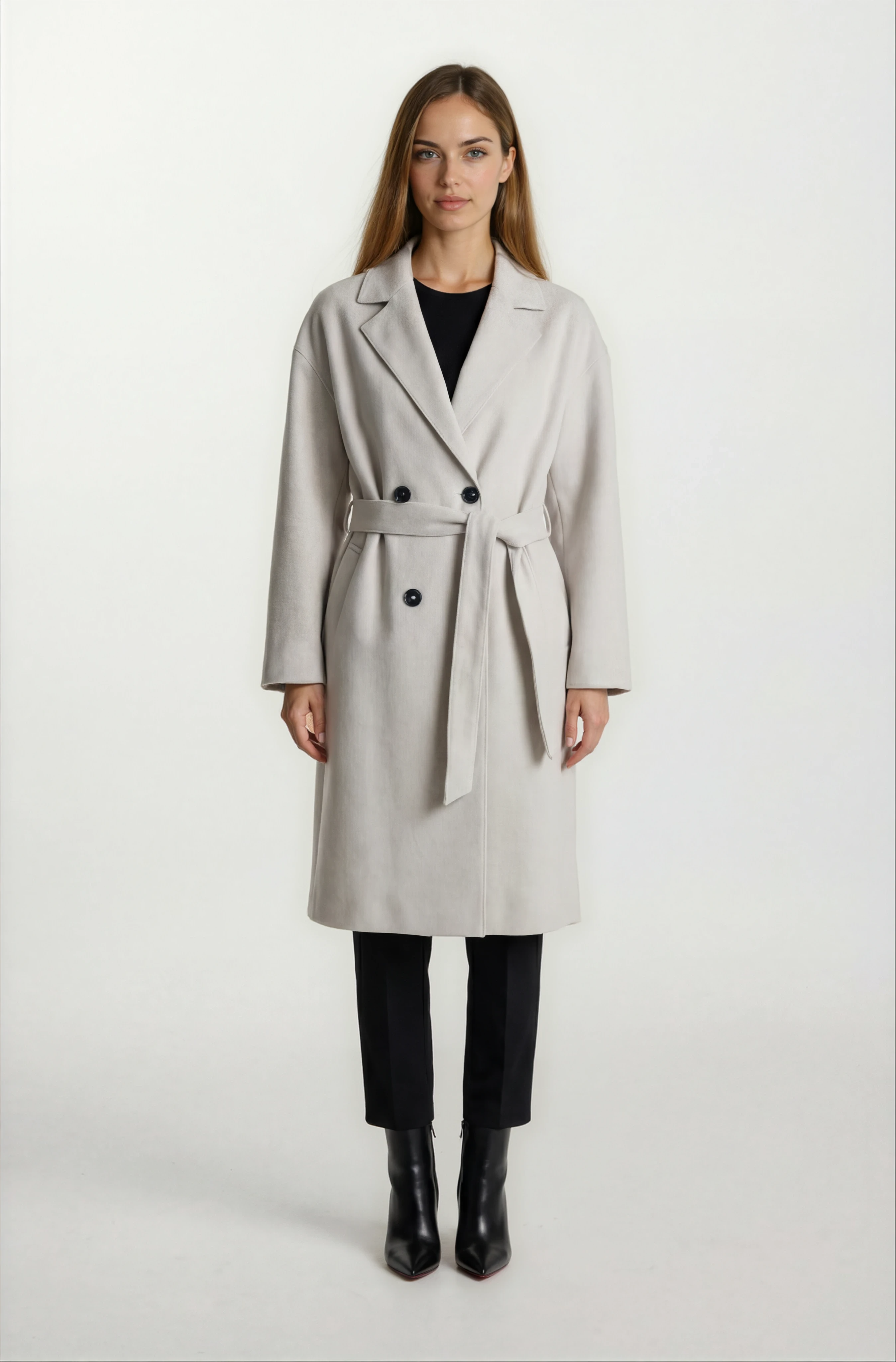 Enedina Kruvaze Kuşaklı Yandan Cepli Kaban KREM