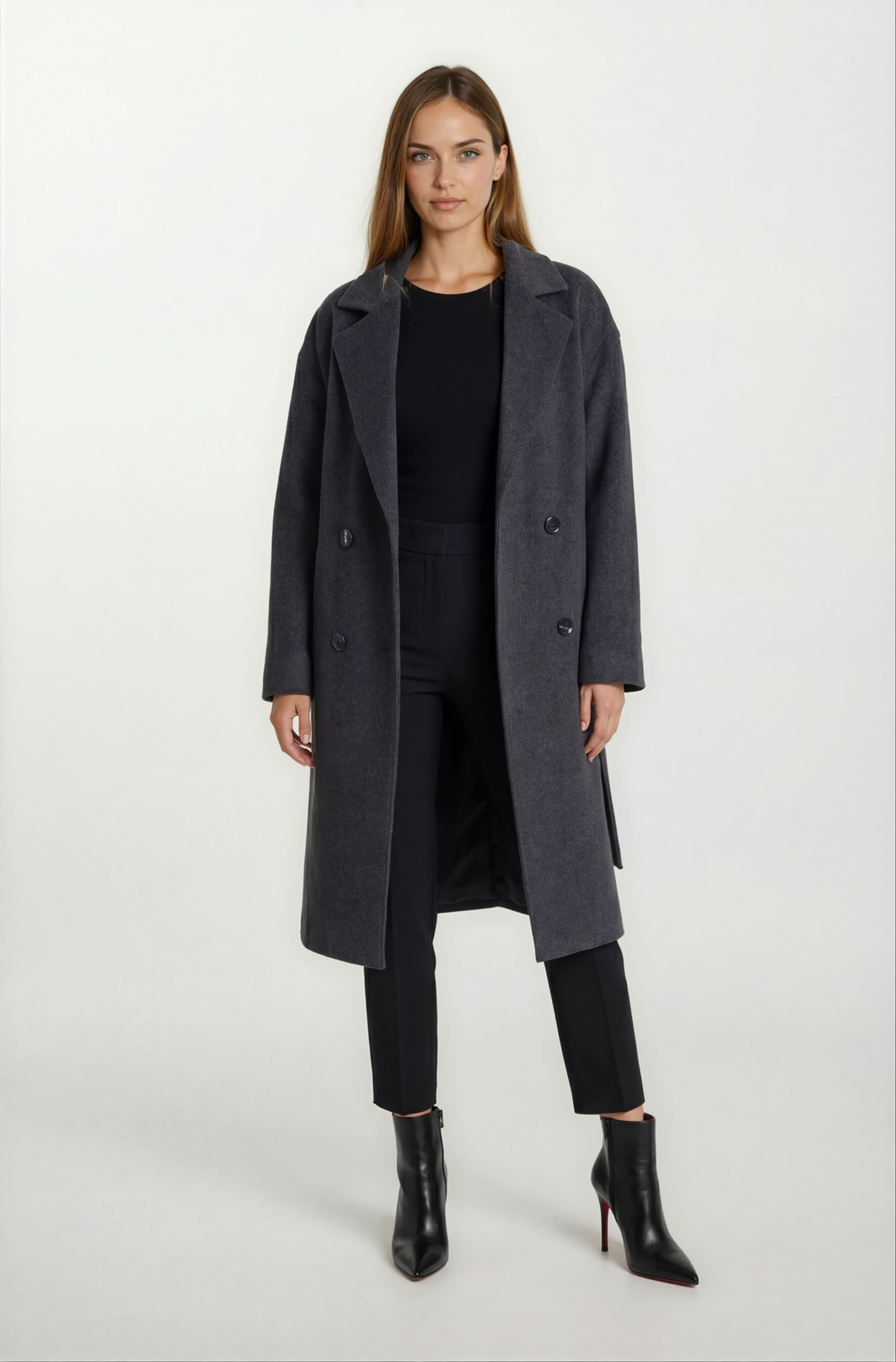 Enedina Kruvaze Kuşaklı Yandan Cepli Kaban FÜME