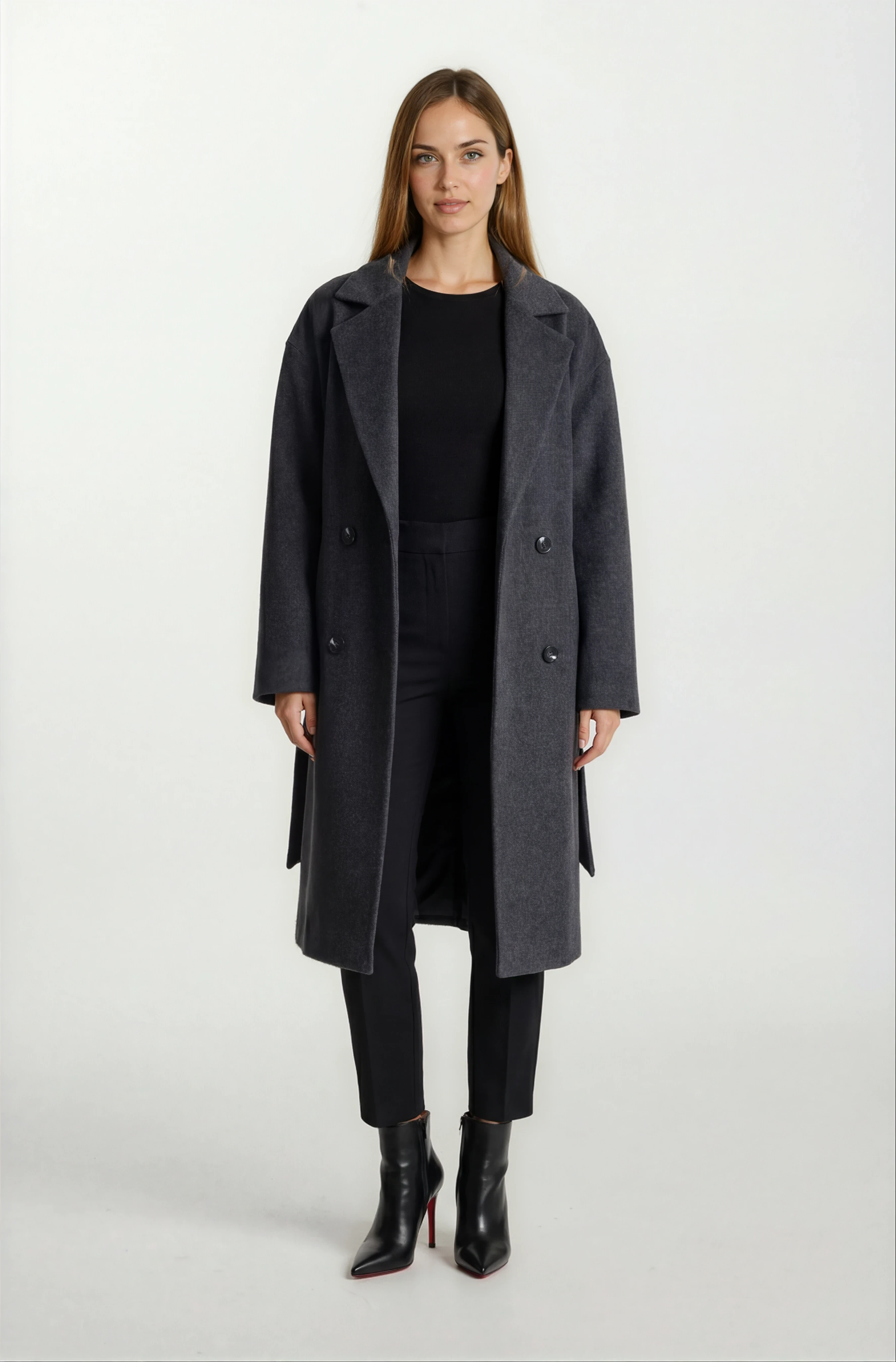 Enedina Kruvaze Kuşaklı Yandan Cepli Kaban FÜME