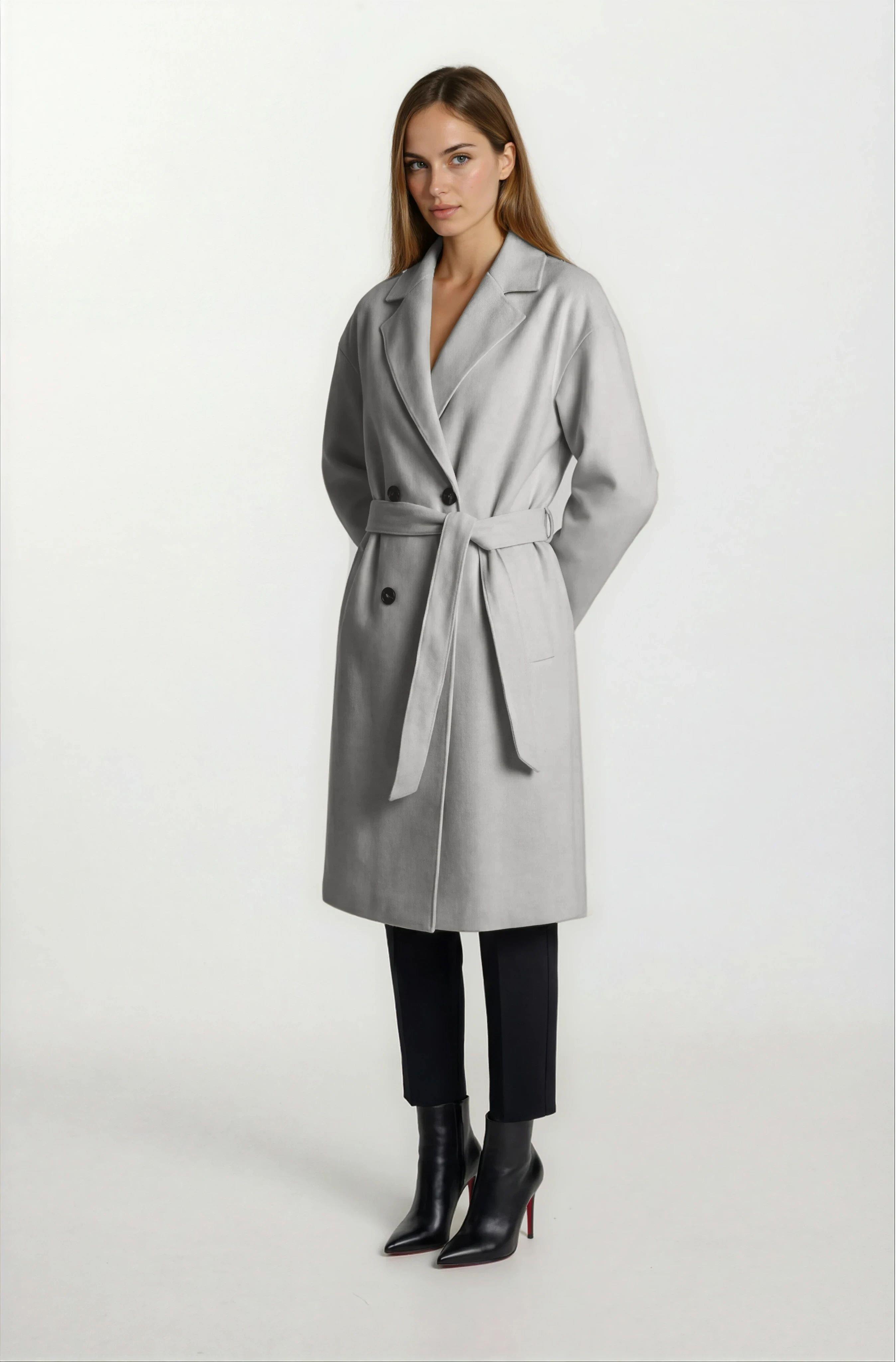 Enedina Kruvaze Kuşaklı Yandan Cepli Kaban KREM