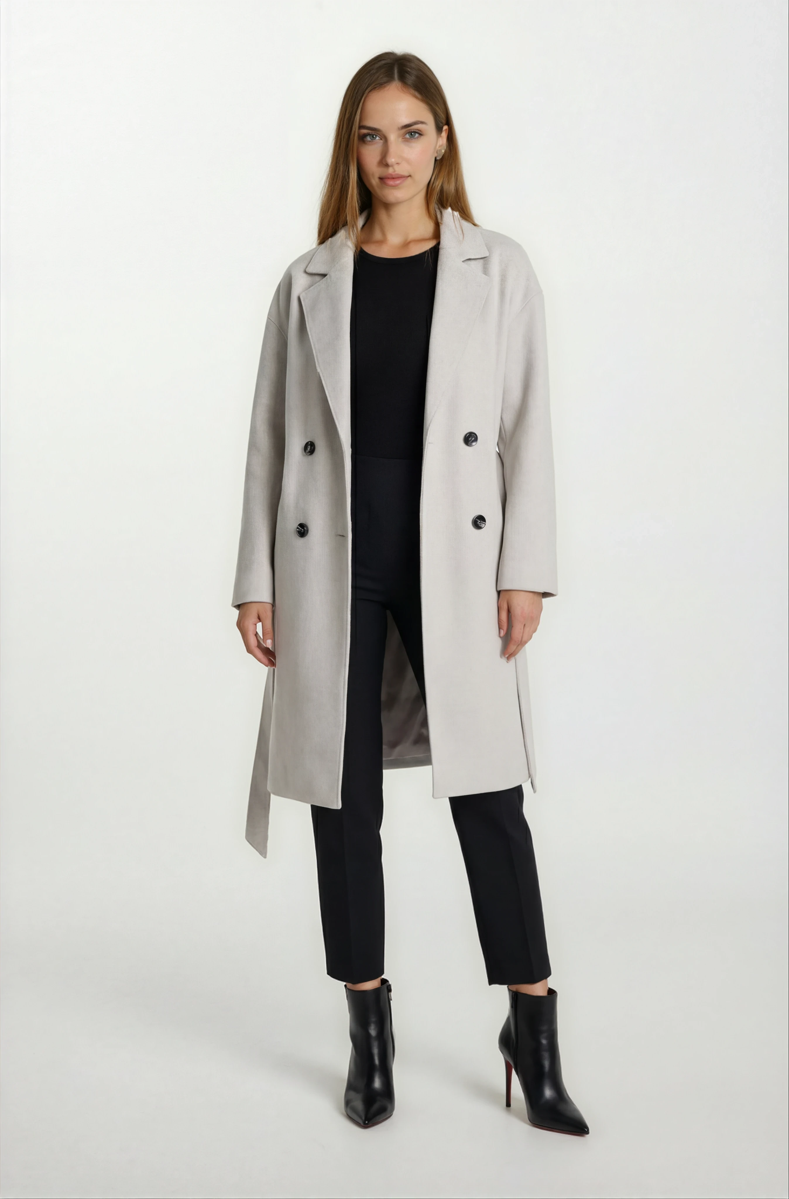 Enedina Kruvaze Kuşaklı Yandan Cepli Kaban KREM