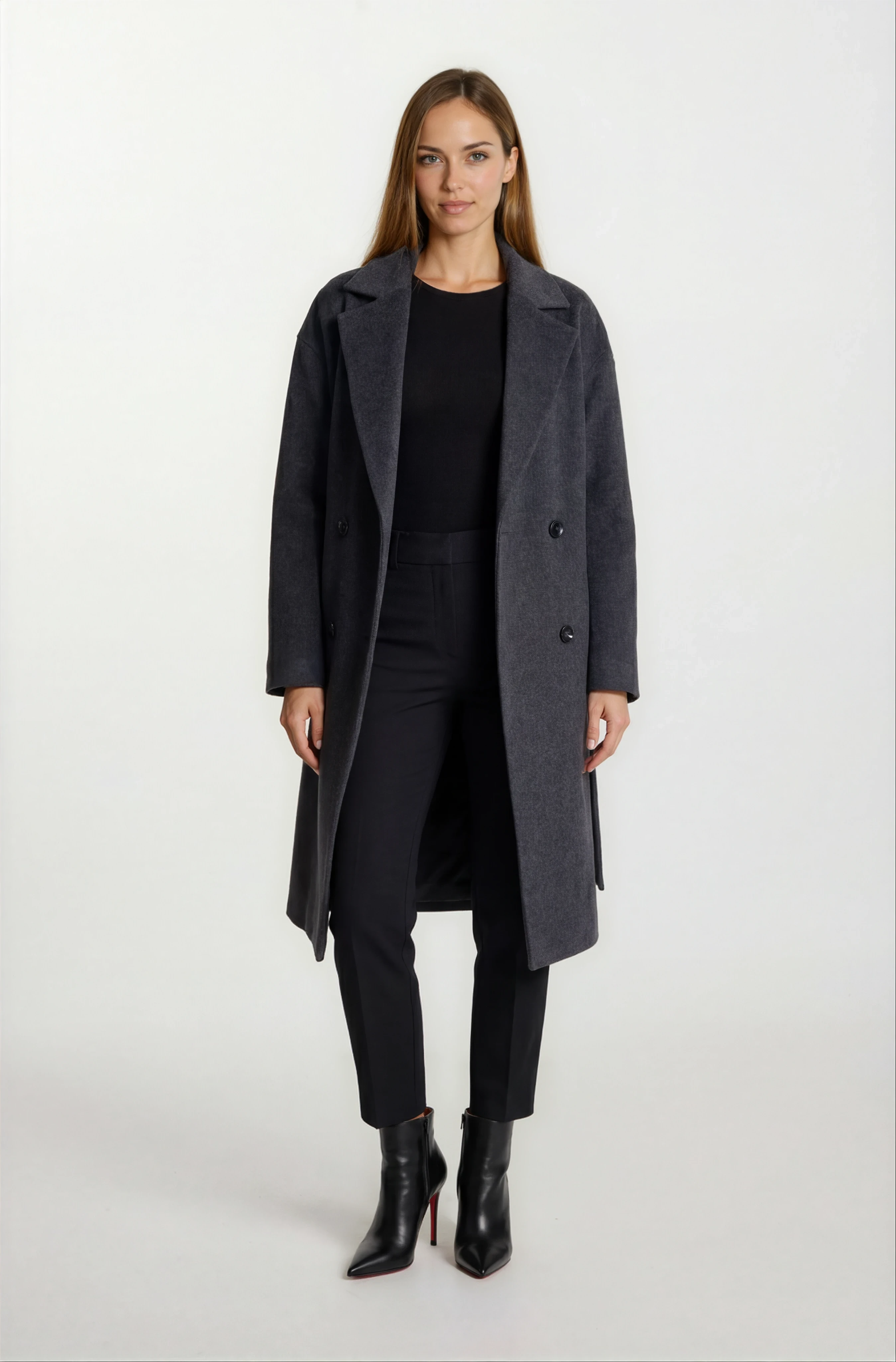 Enedina Kruvaze Kuşaklı Yandan Cepli Kaban FÜME