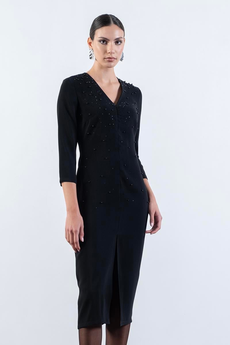 Eriberta V Yaka Önü Boncuk Taş İşlemeli Midi Abiye Elbise SİYAH