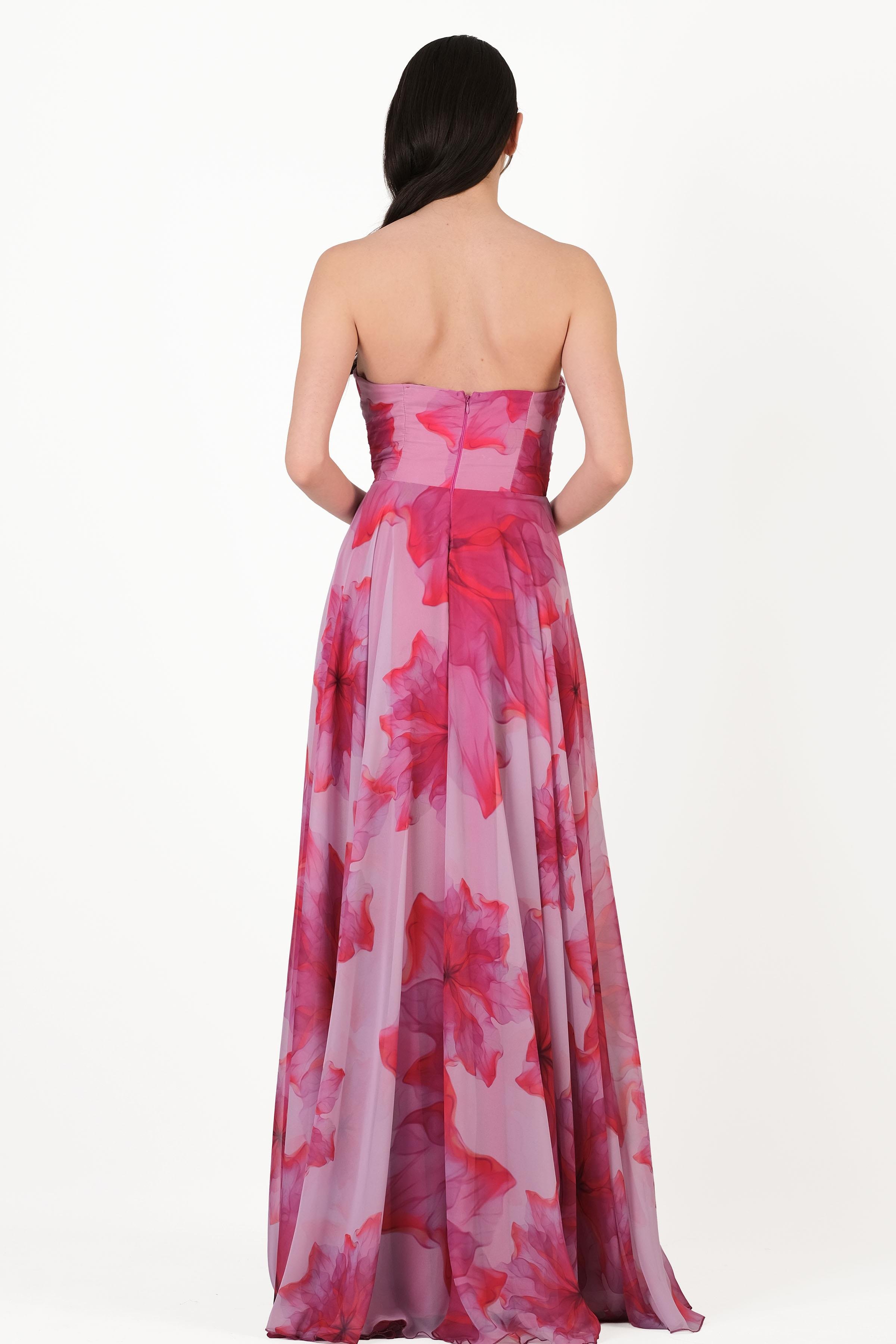 Espinosaı Kalp Yaka Straplez Uzun Abiye Elbise FUŞYA