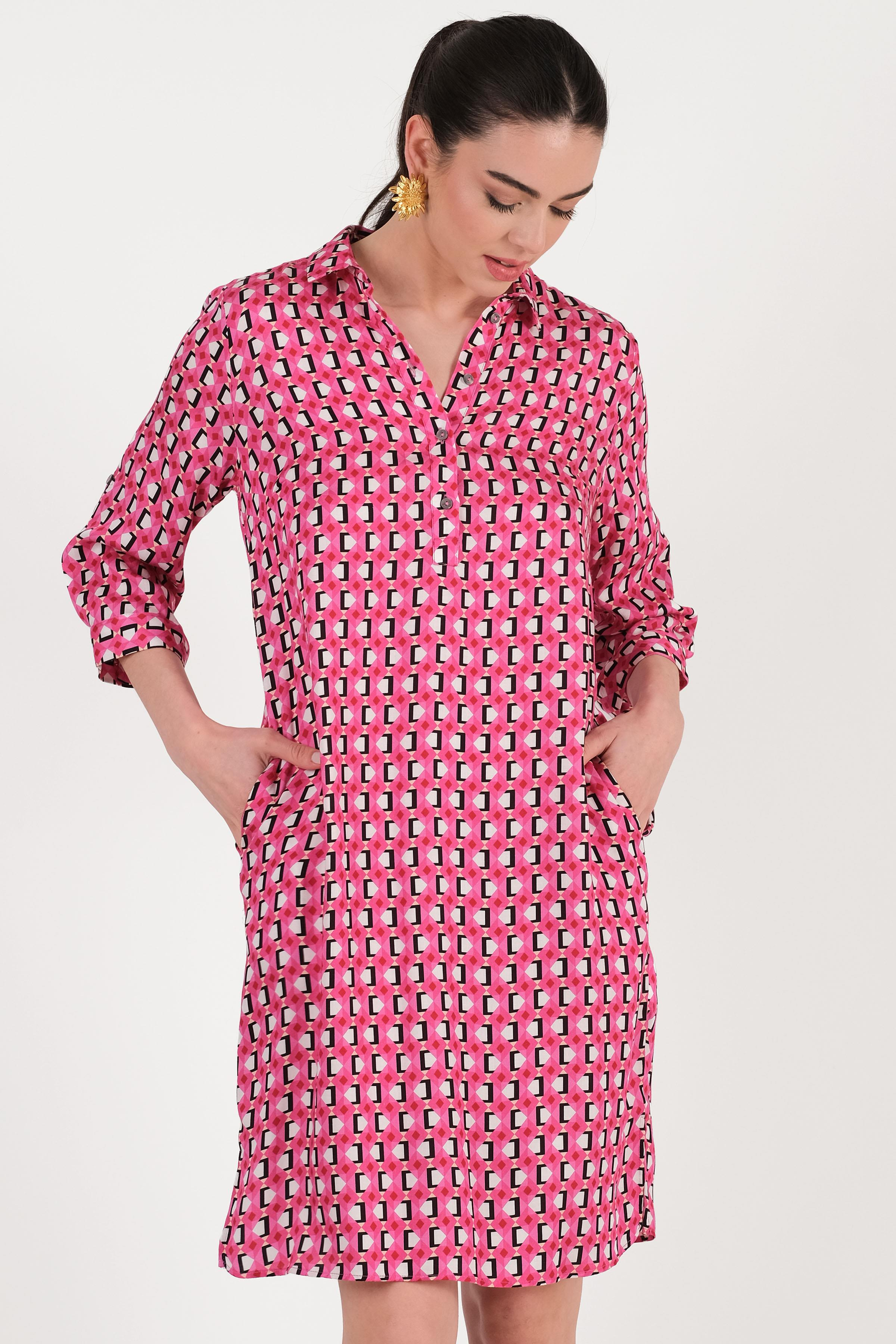 Everhart Gömlek Yaka Yarım Pat Düğmeli Elbise FUŞYA